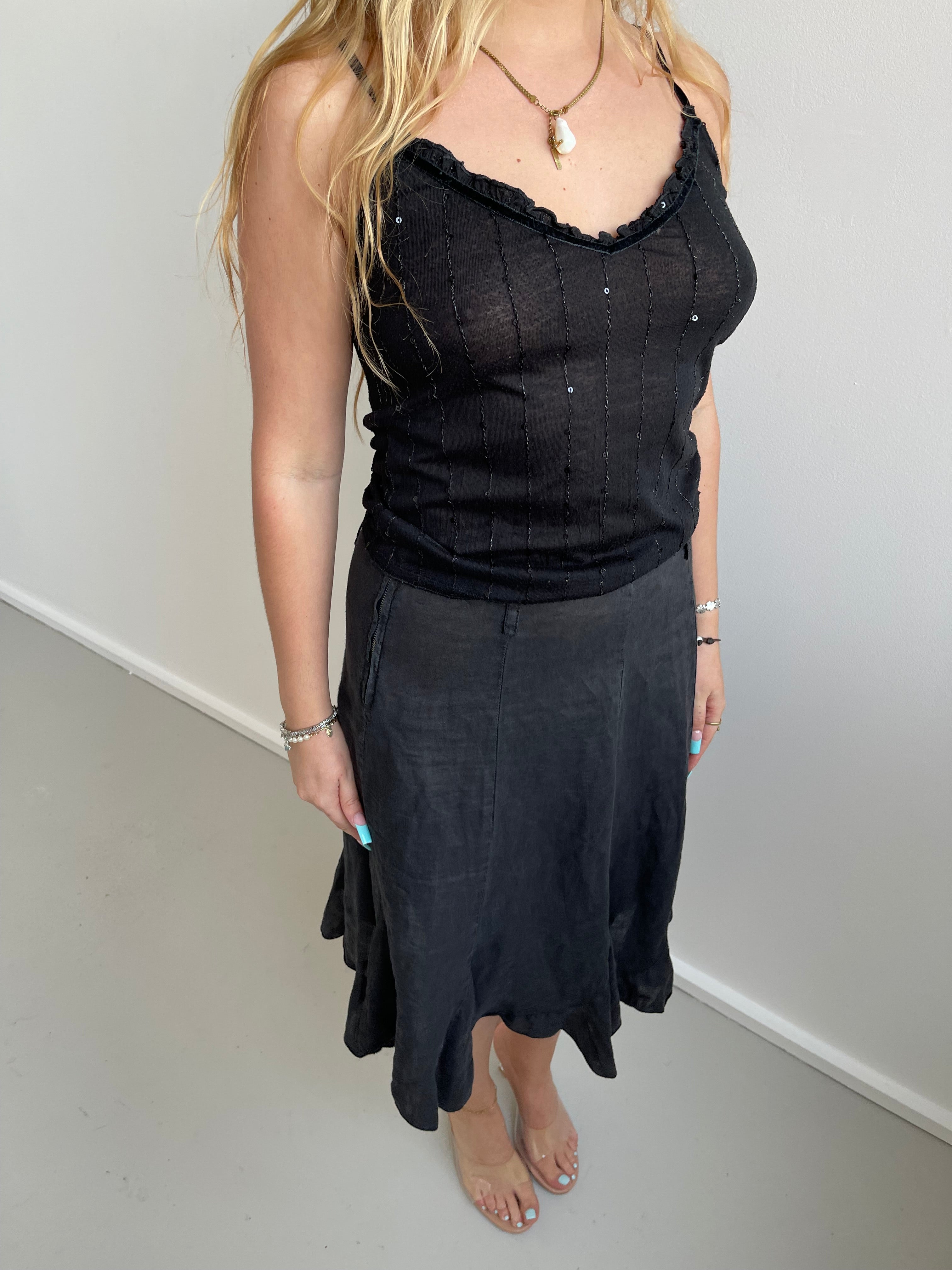 Black linen midi skirt