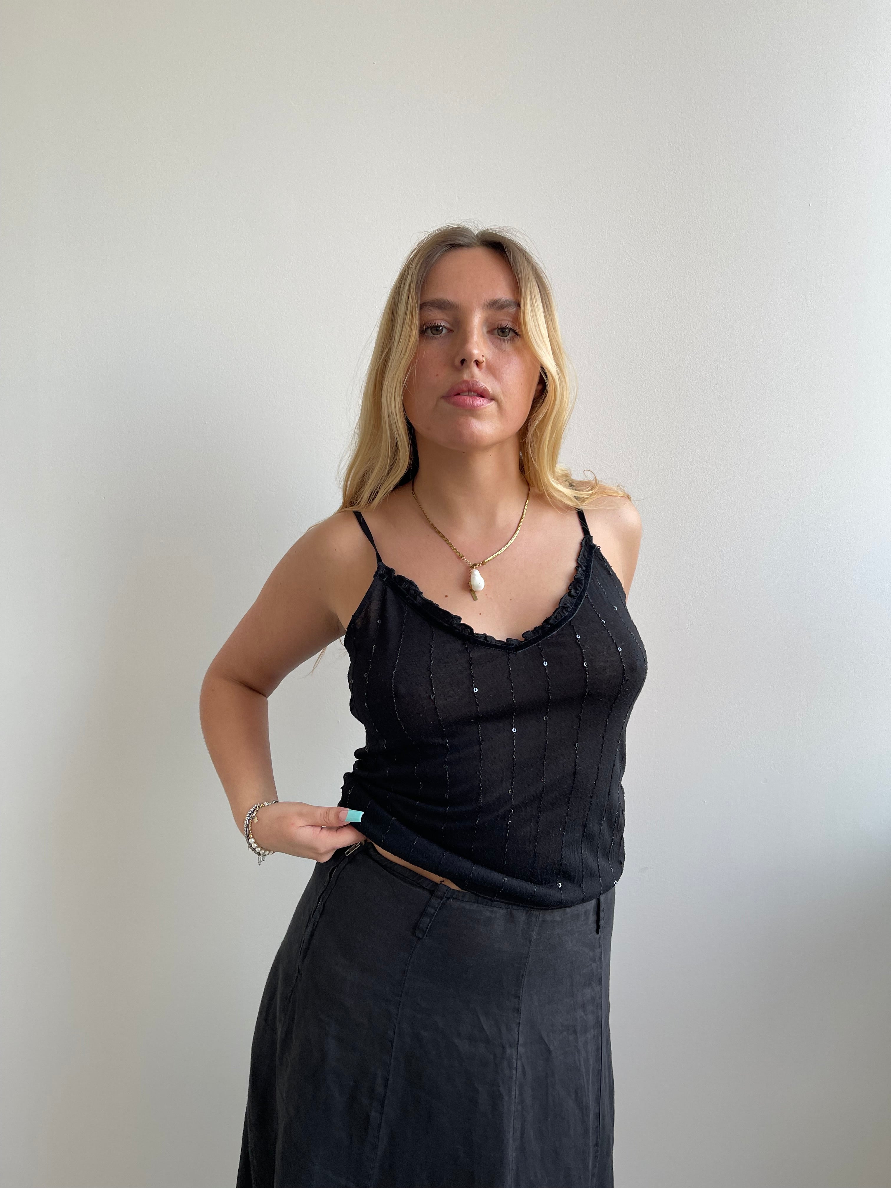 United Colors of Benetton black cami top with sequin stripes