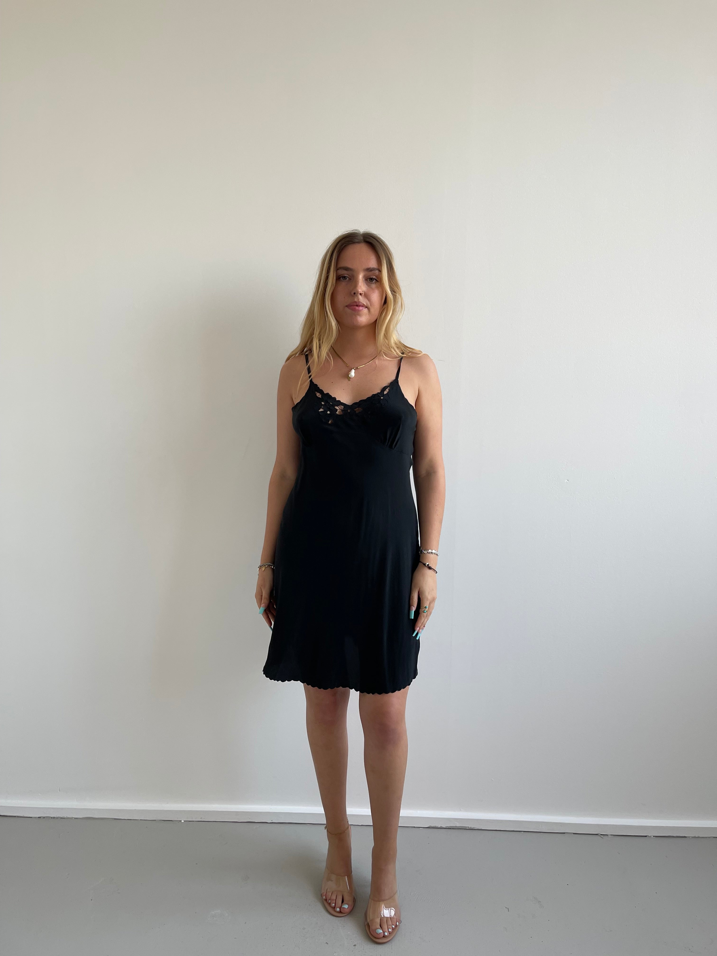 Max Mara black silk slip dress with floral detail