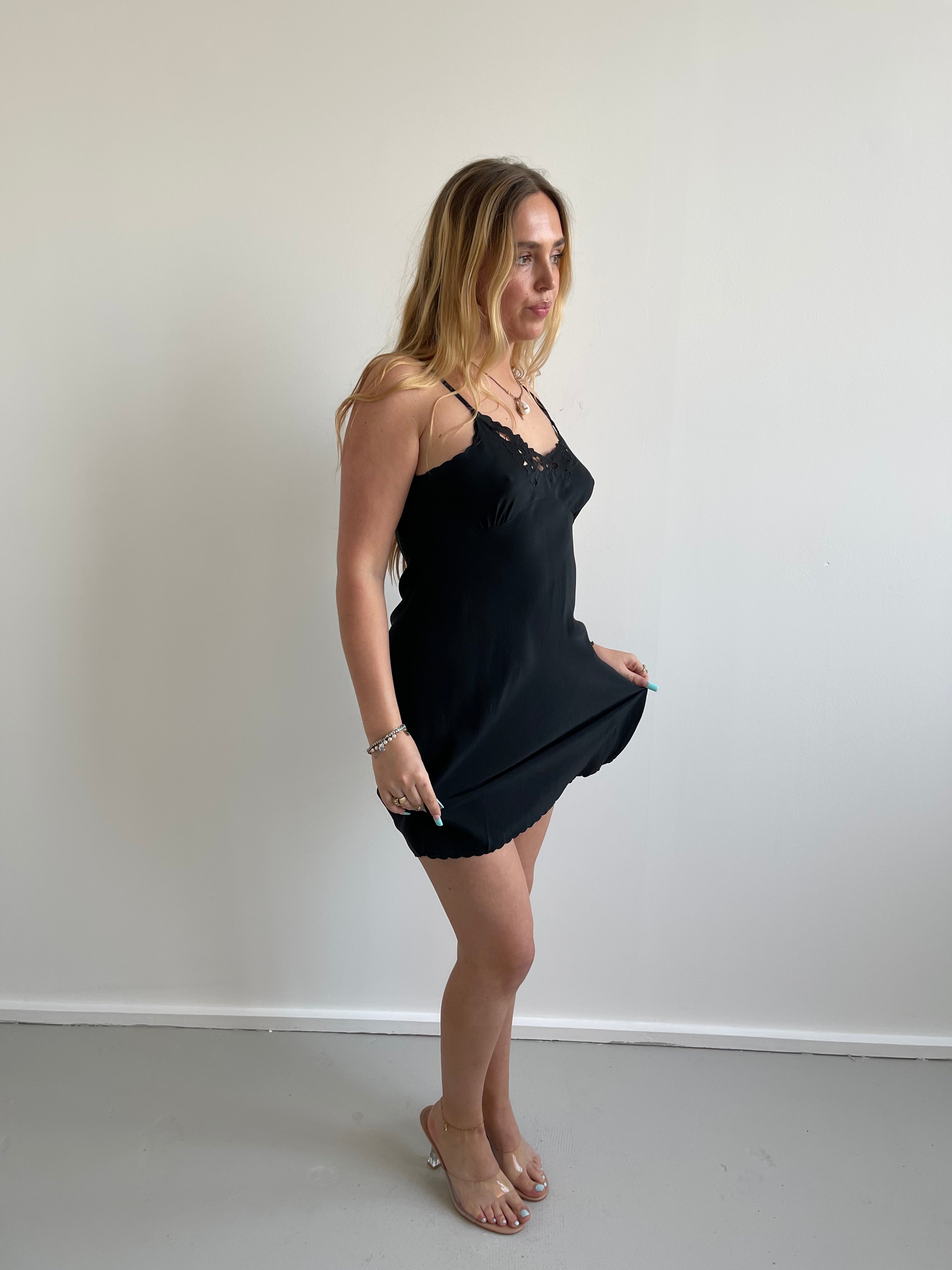 Max Mara black silk slip dress with floral detail
