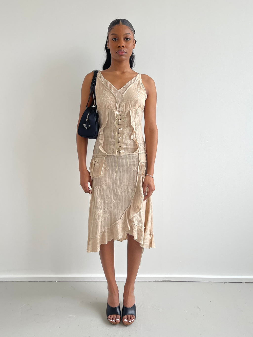 Beige embroidered midi dress with lace up and embroidered detailing
