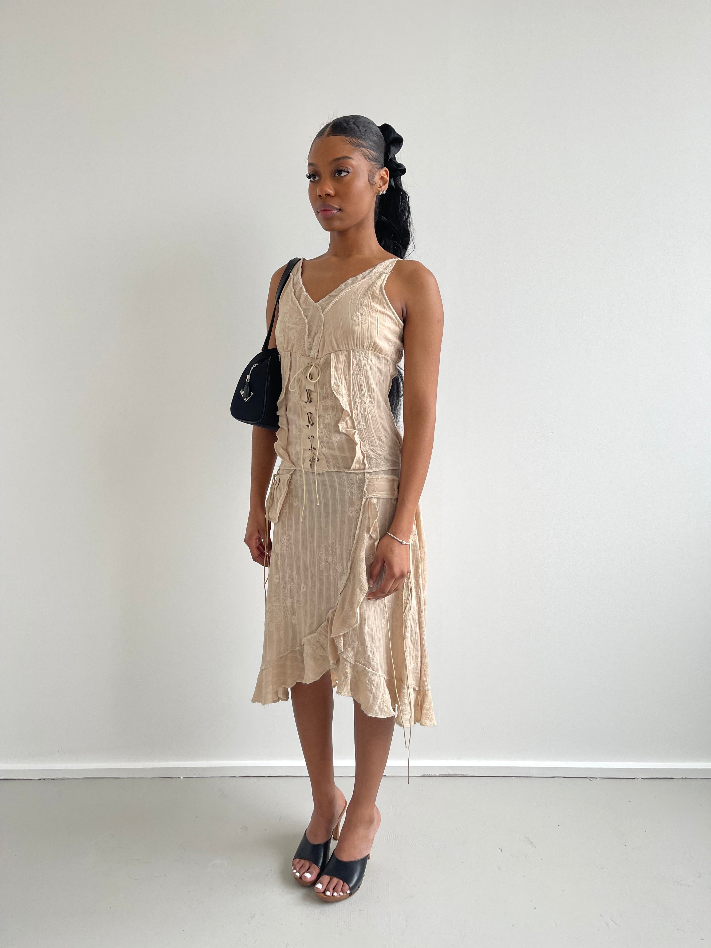 Beige embroidered midi dress with lace up and embroidered detailing