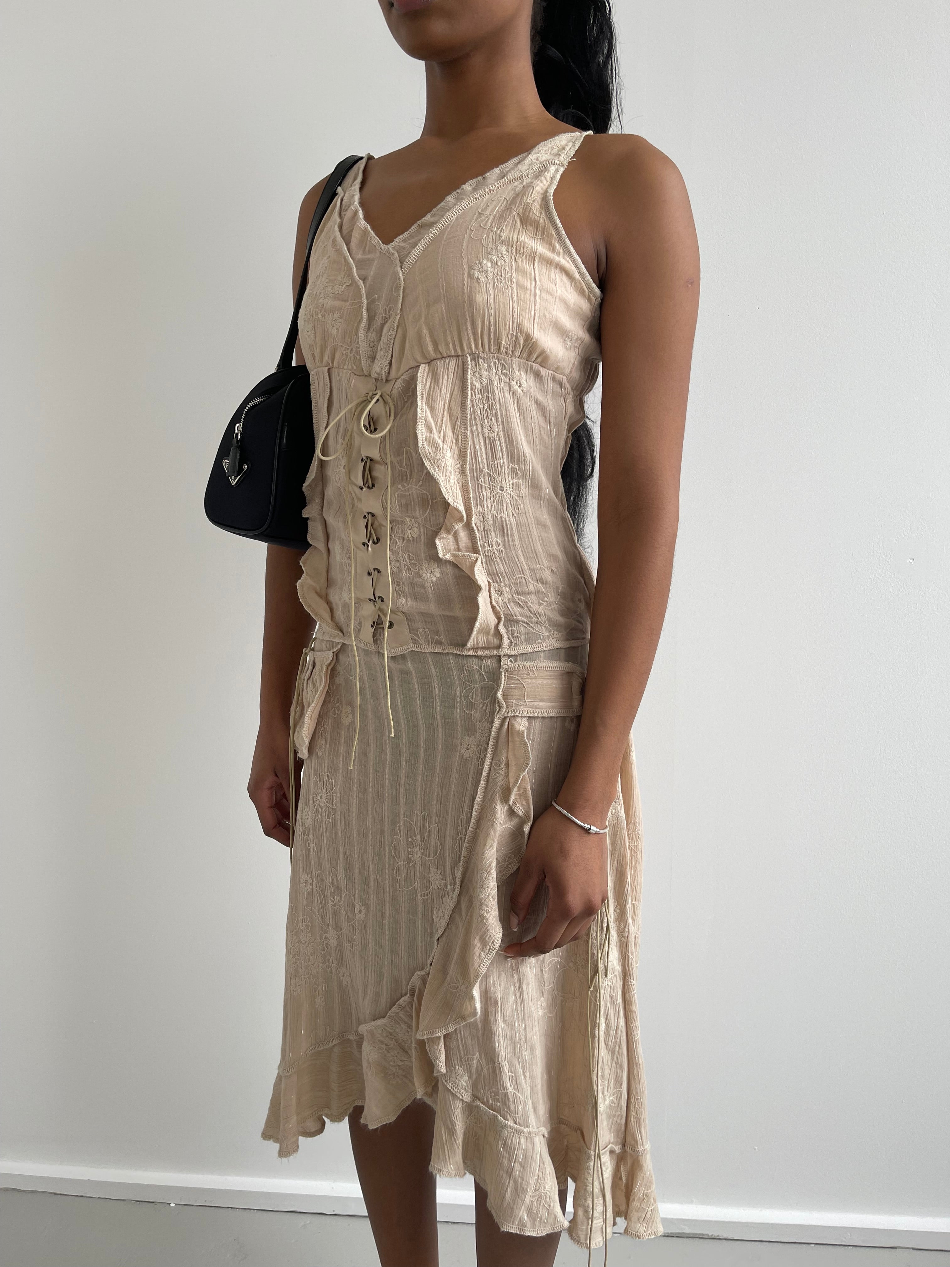 Beige embroidered midi dress with lace up and embroidered detailing
