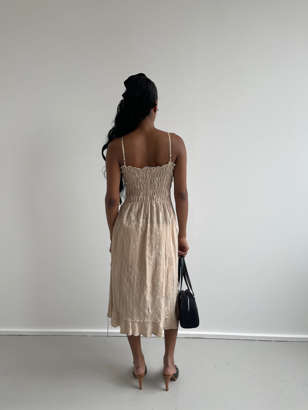 Beige embroidered midi dress with lace up and embroidered detailing