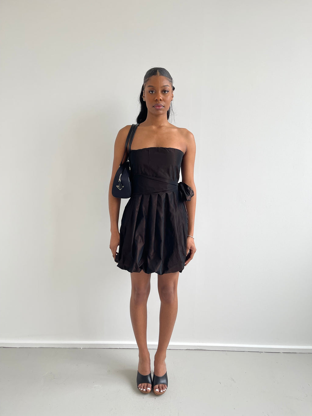 Brown iridescent strapless mini bubble dress
