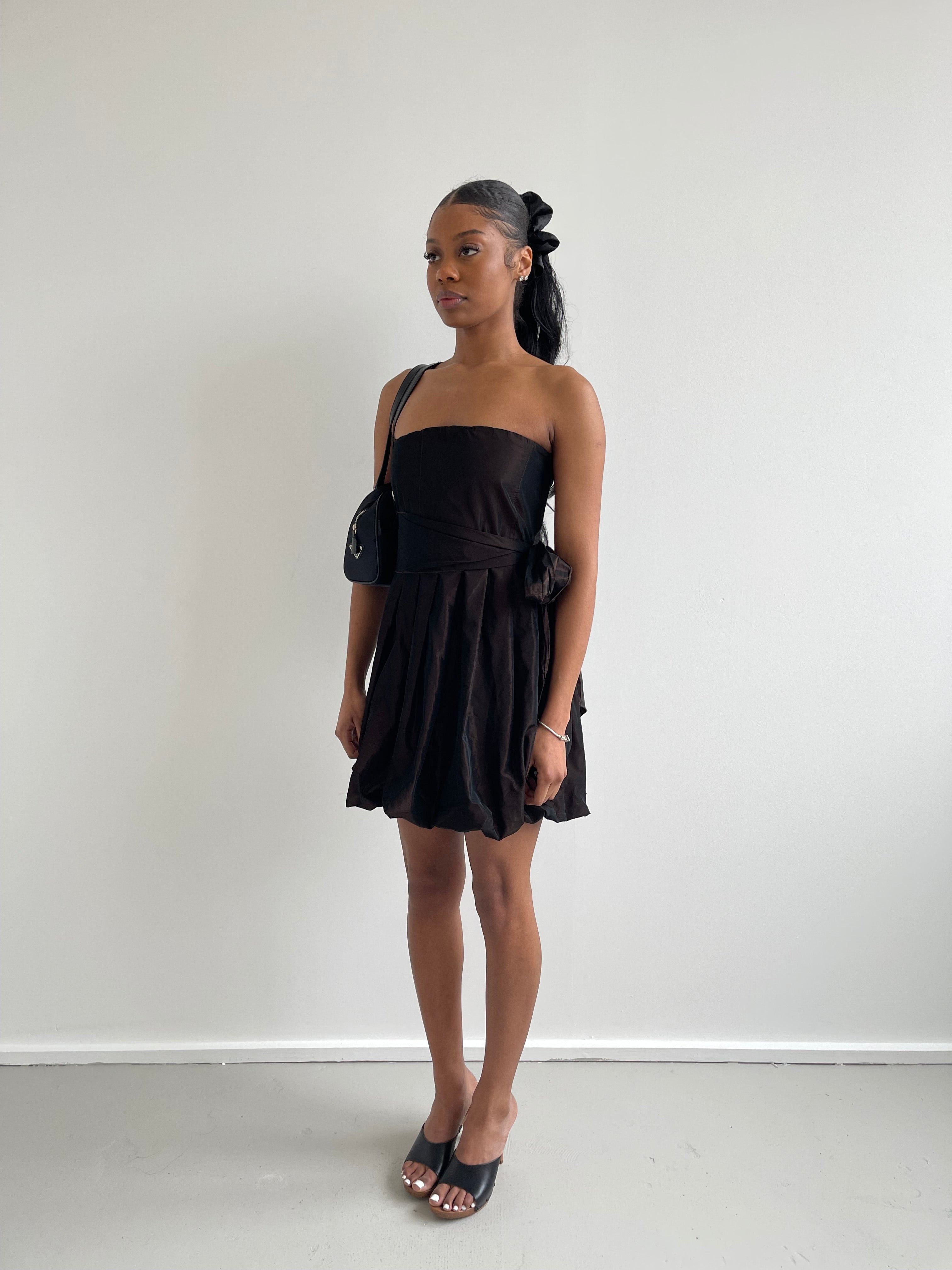 Brown iridescent strapless mini bubble dress