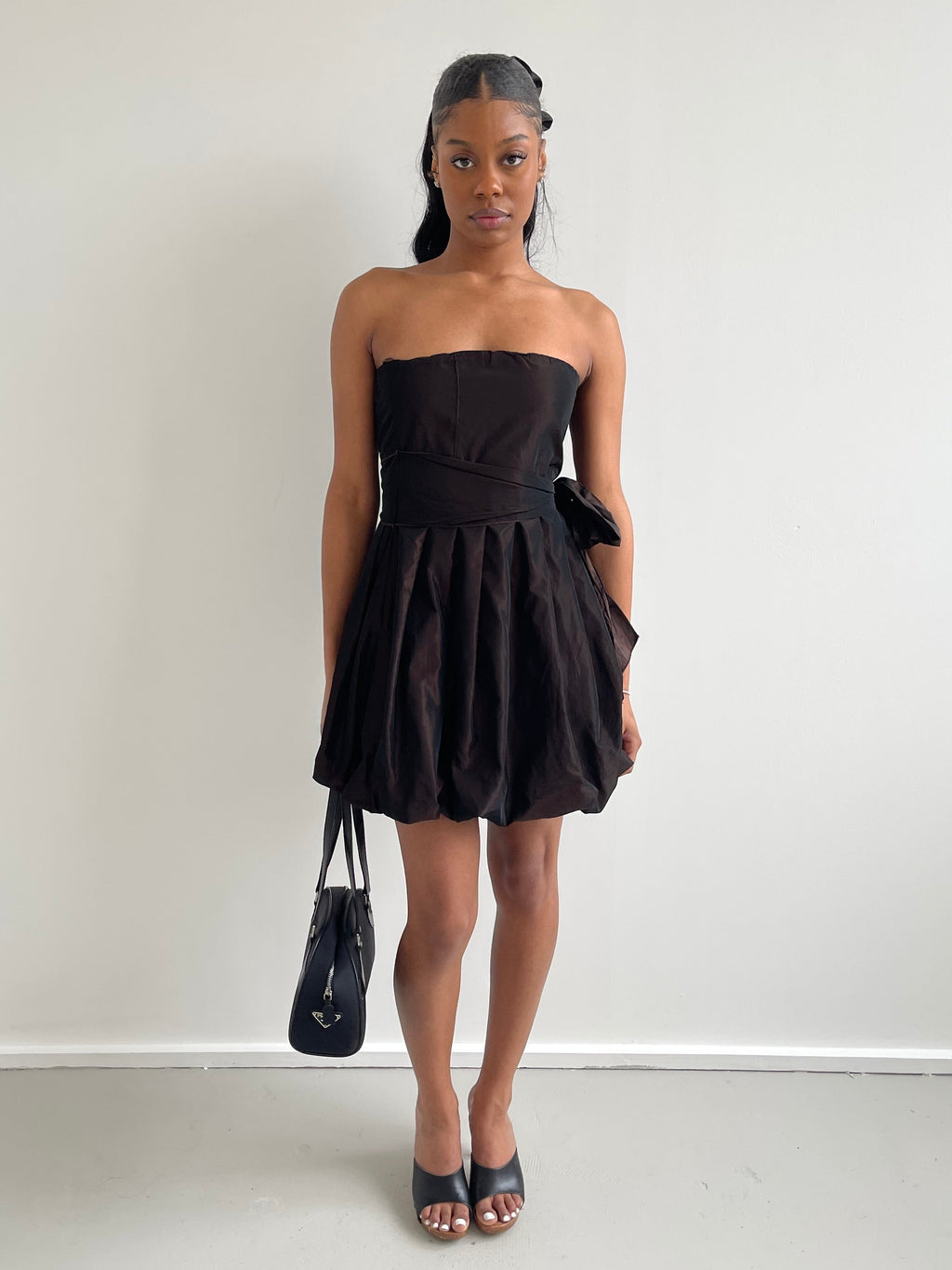 Brown iridescent strapless mini bubble dress