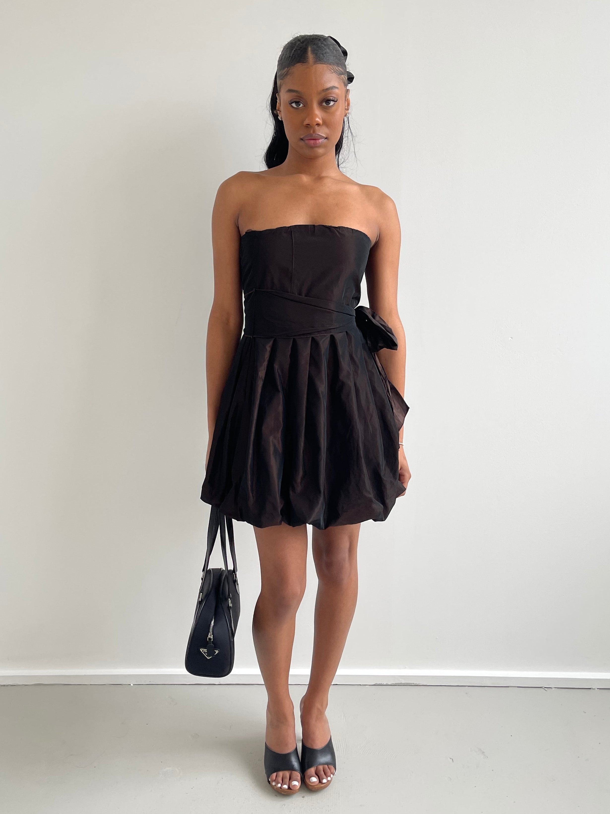 Brown iridescent strapless mini bubble dress