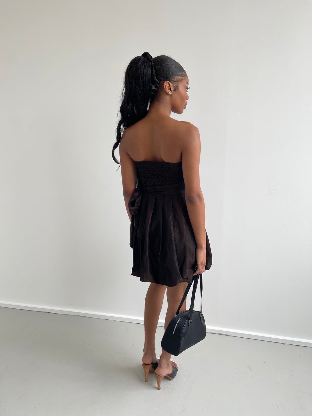 Brown iridescent strapless mini bubble dress
