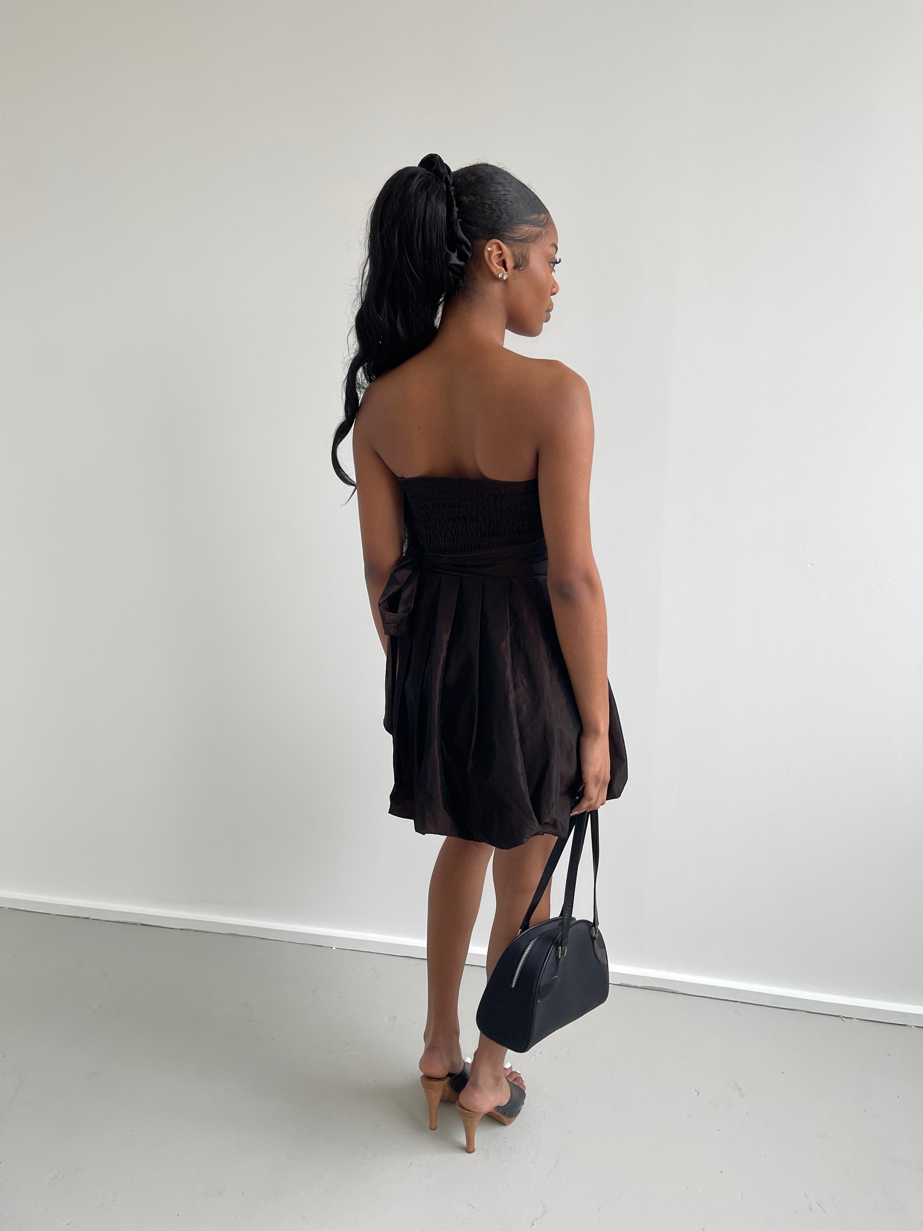 Brown iridescent strapless mini bubble dress