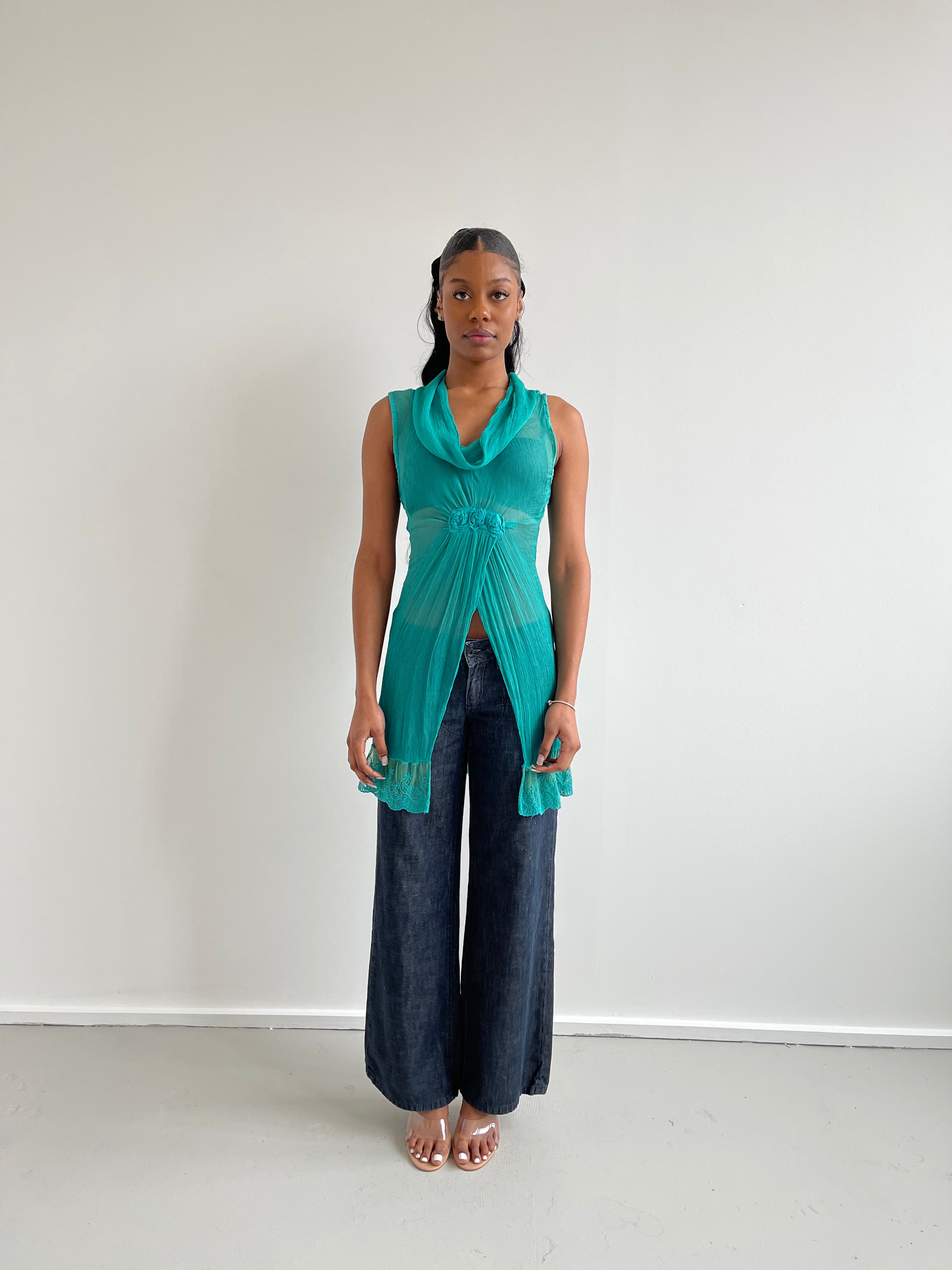 Max Mara Weekend turquoise sheer silk split tunic top