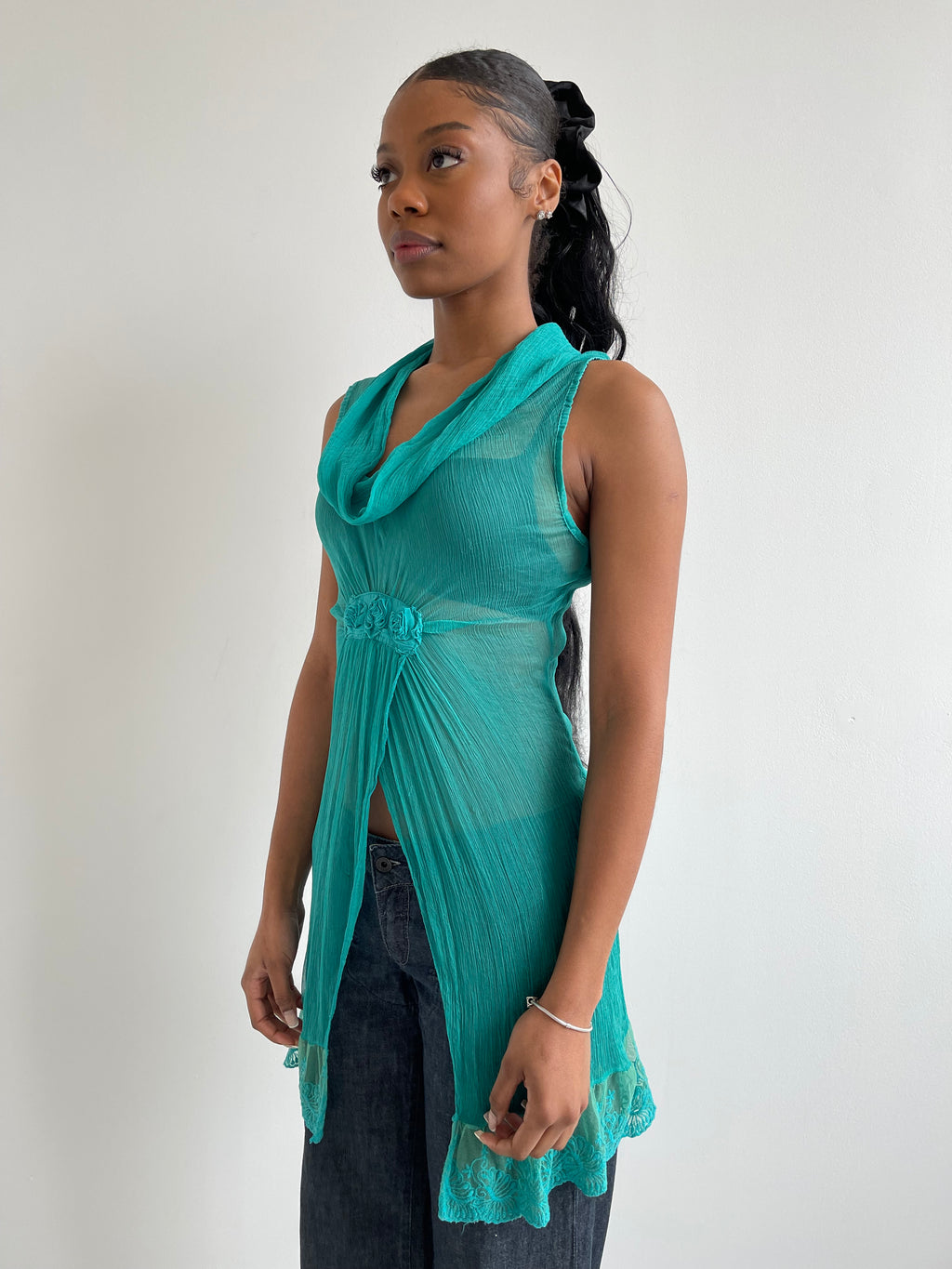 Max Mara Weekend turquoise sheer silk split tunic top