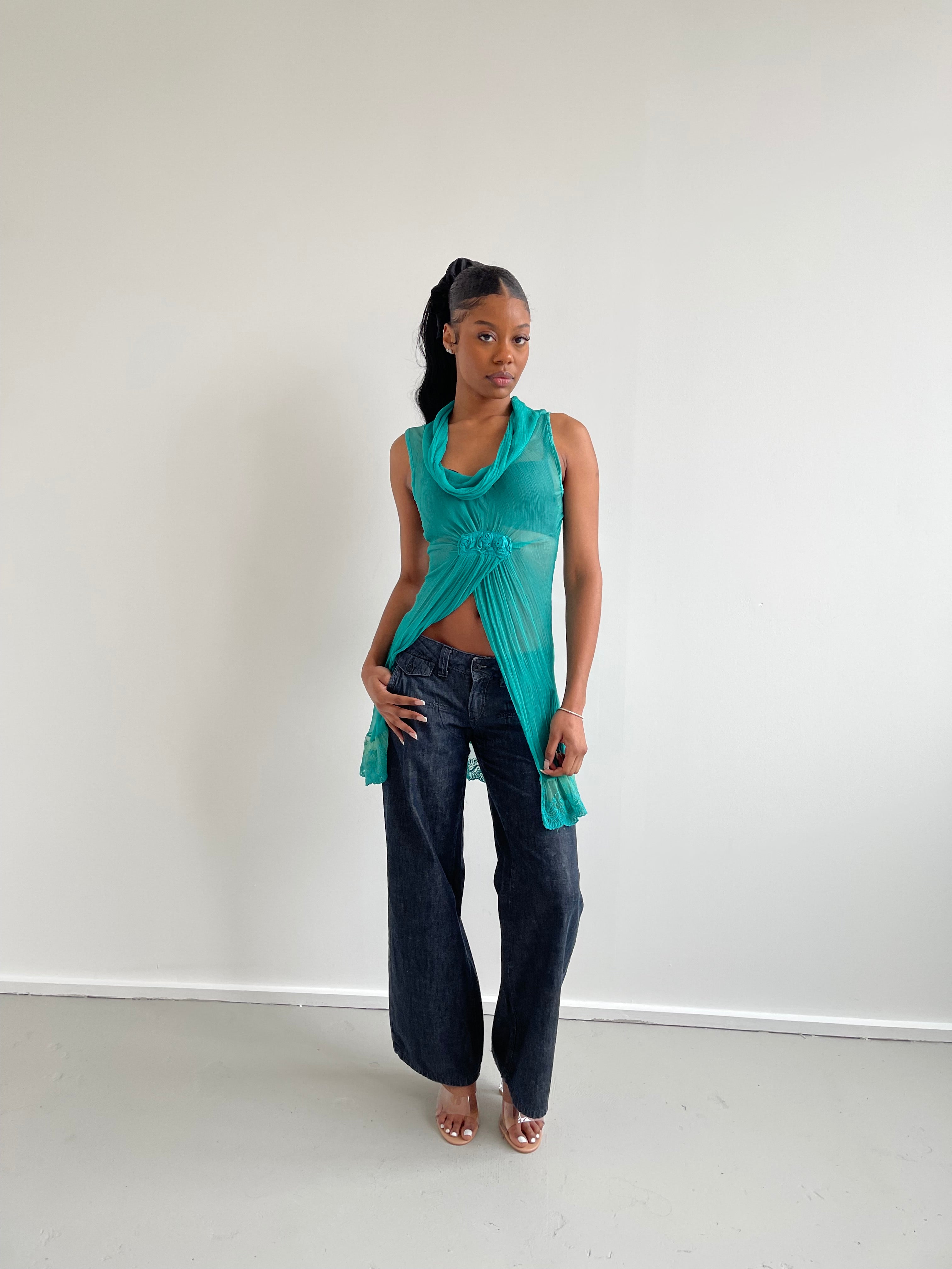 Max Mara Weekend turquoise sheer silk split tunic top