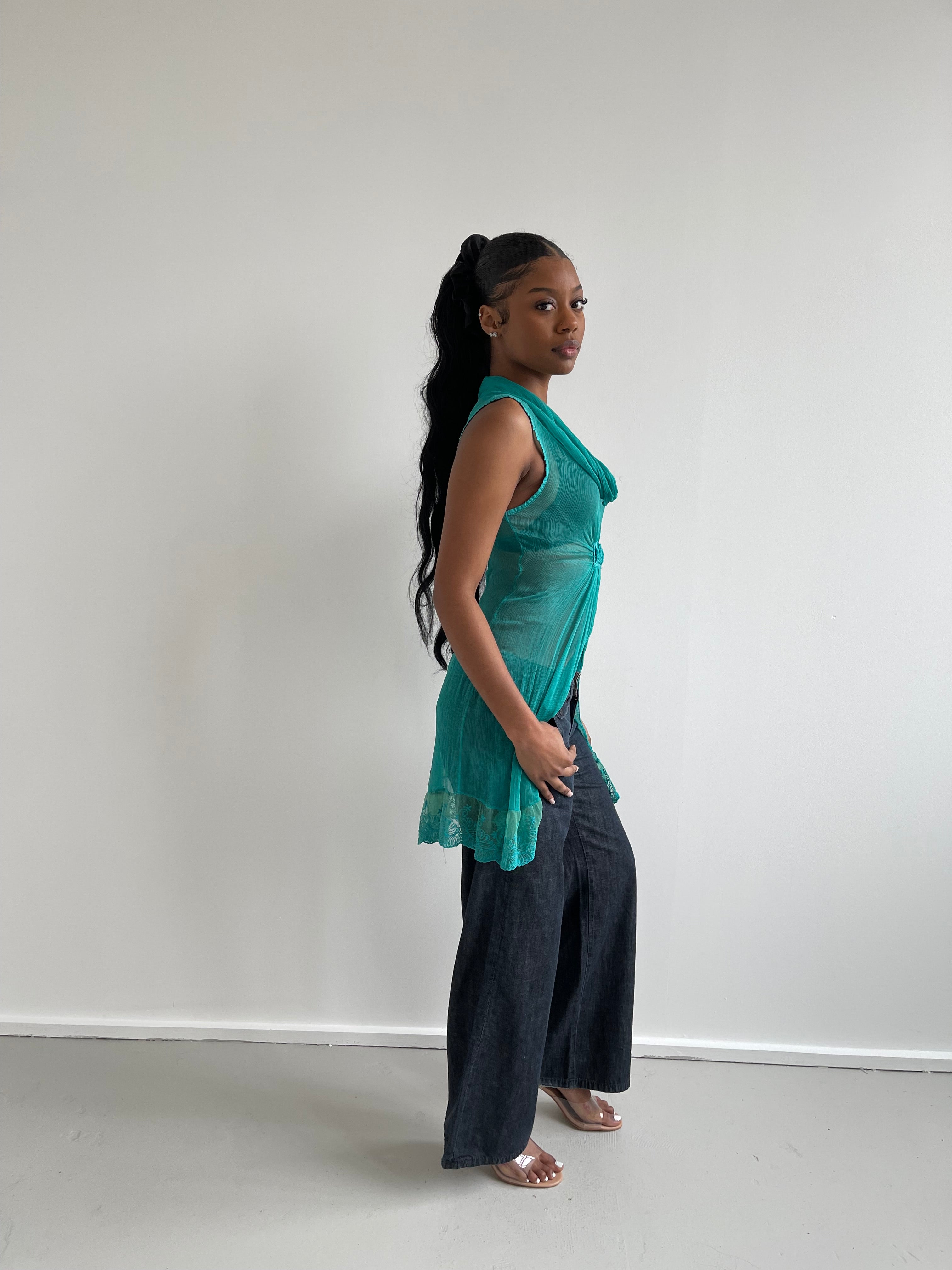 Max Mara Weekend turquoise sheer silk split tunic top