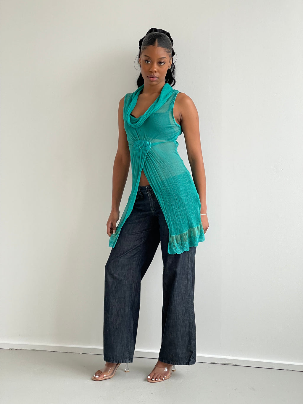 Max Mara Weekend turquoise sheer silk split tunic top