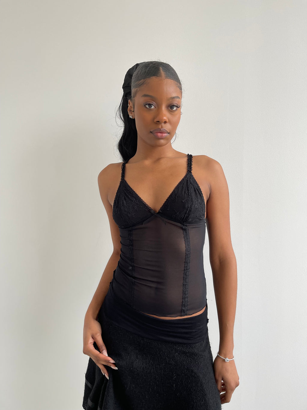 Black mesh cami top with lace trims