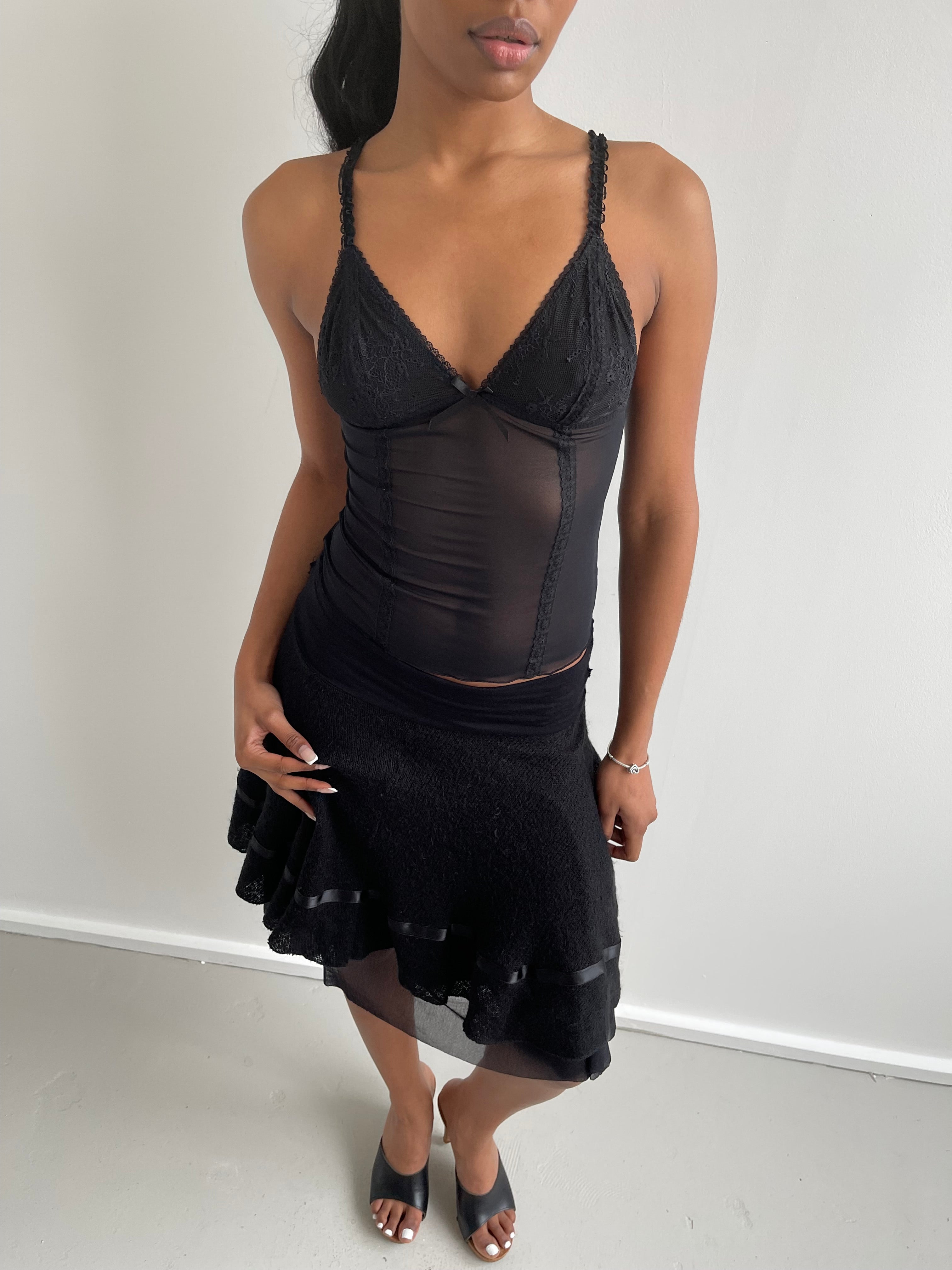 Black mesh cami top with lace trims