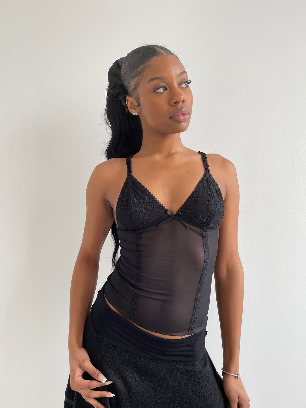 Black mesh cami top with lace trims