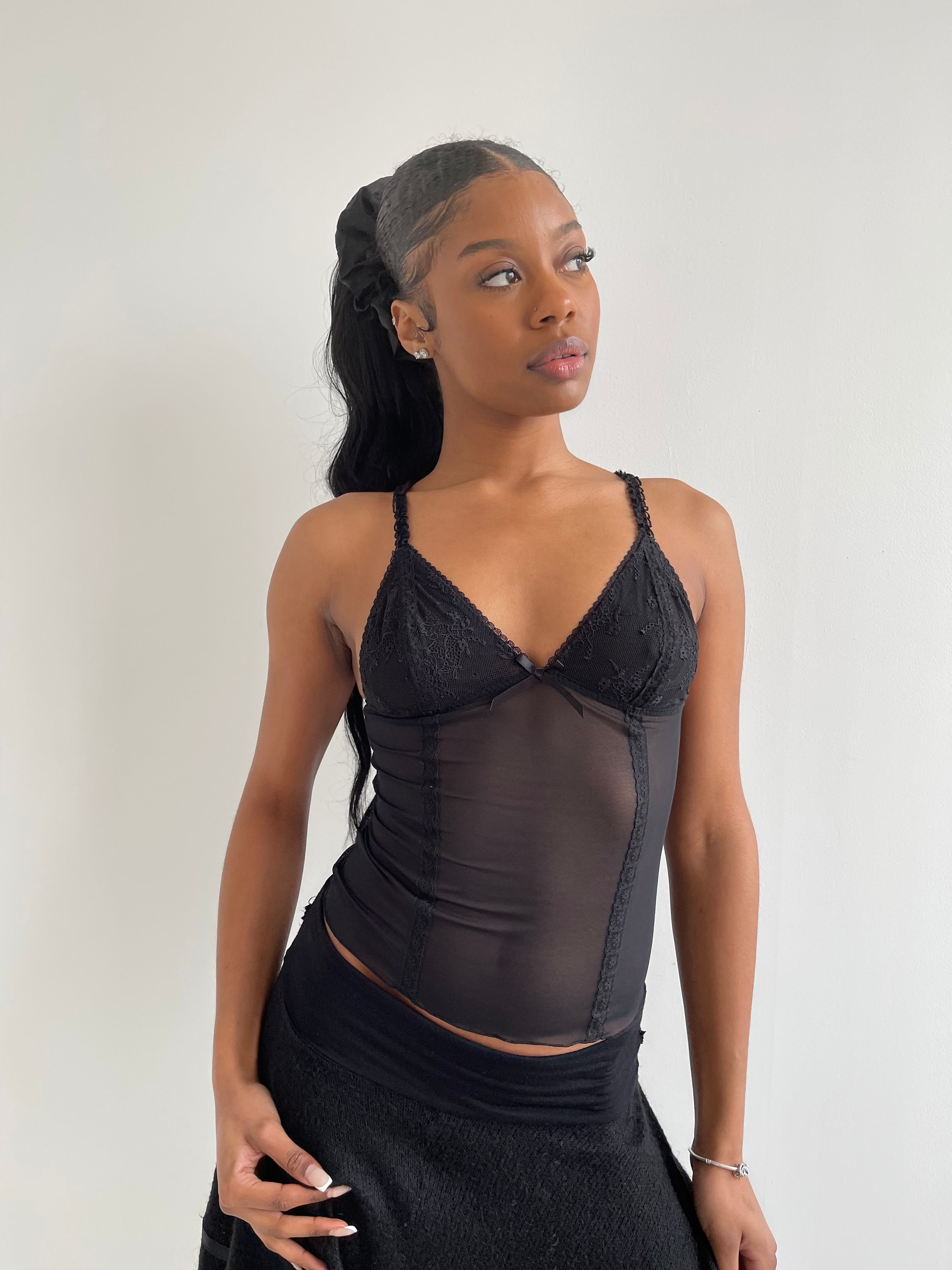 Black mesh cami top with lace trims