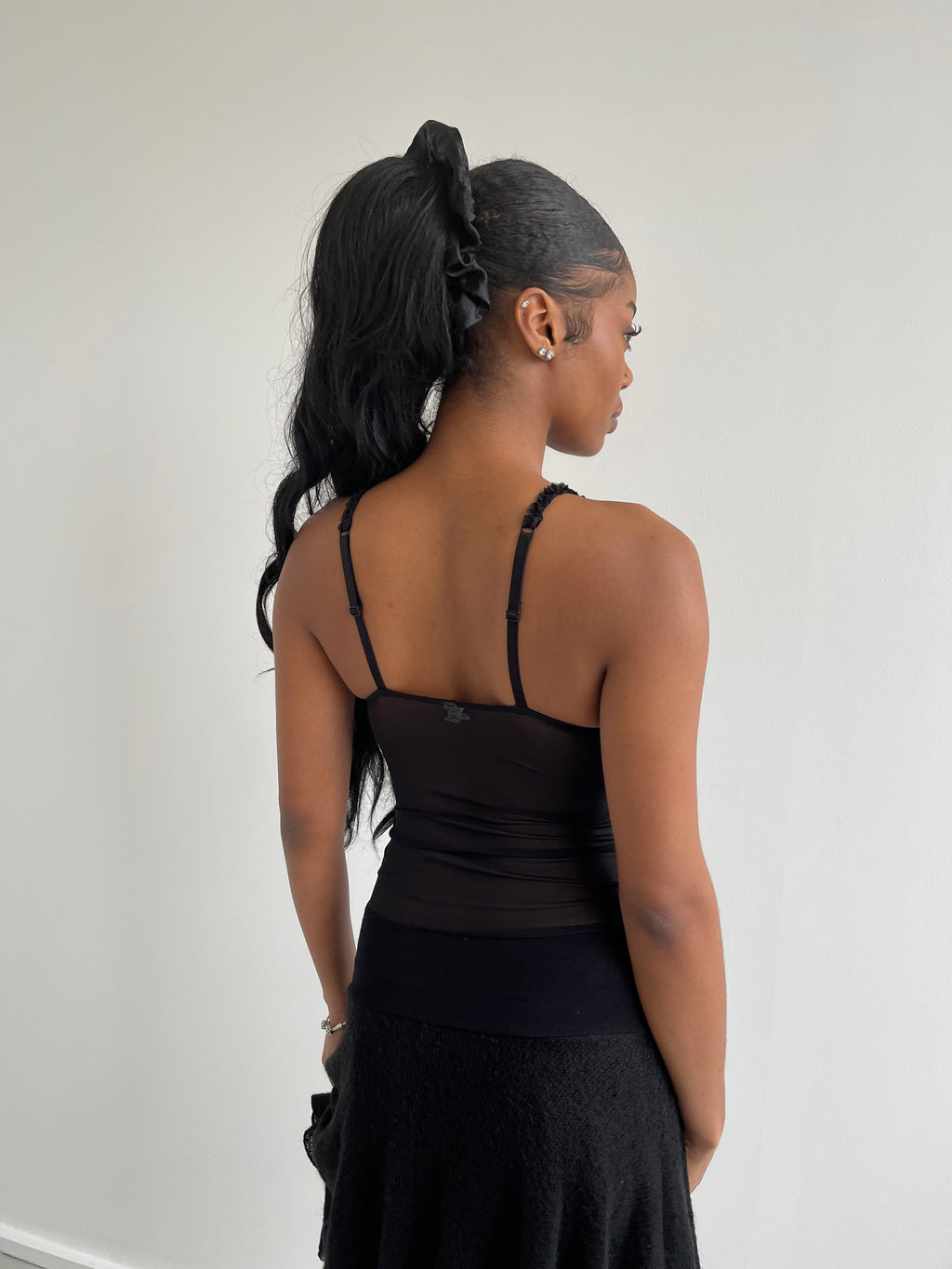 Black mesh cami top with lace trims