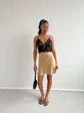 Gold satin slip dress with black lace detail