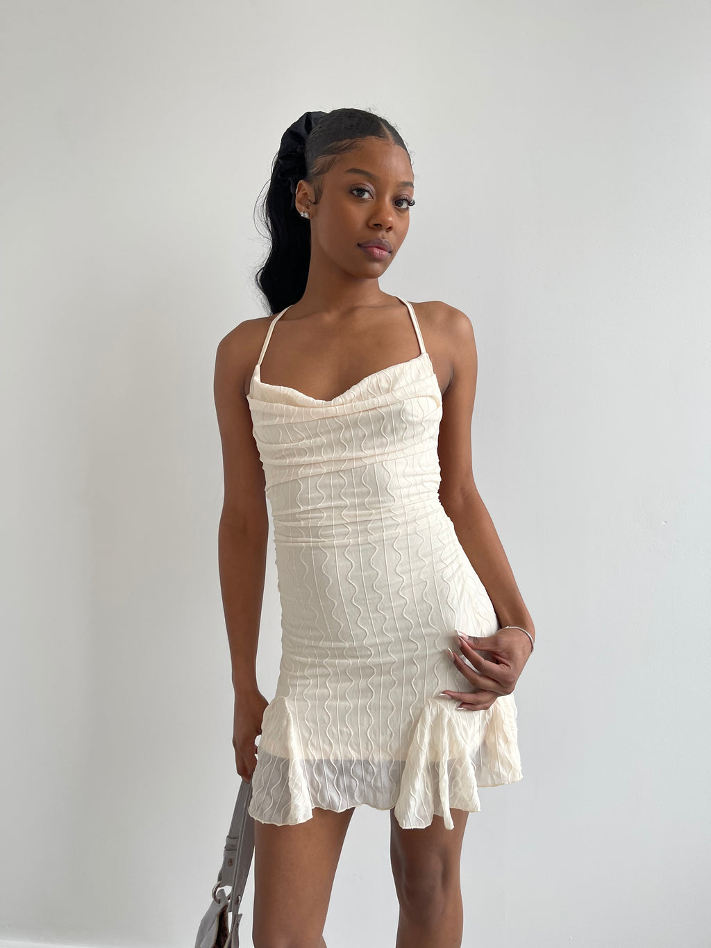 Cream embroidered backless mini dress