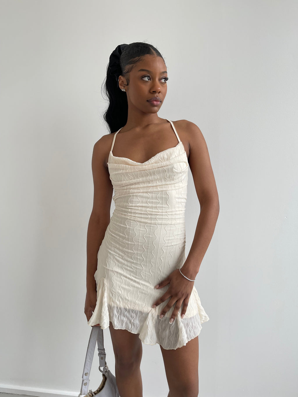 Cream embroidered backless mini dress