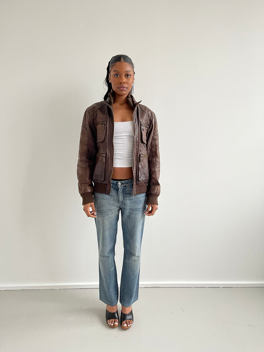 Vintage brown leather bomber jacket