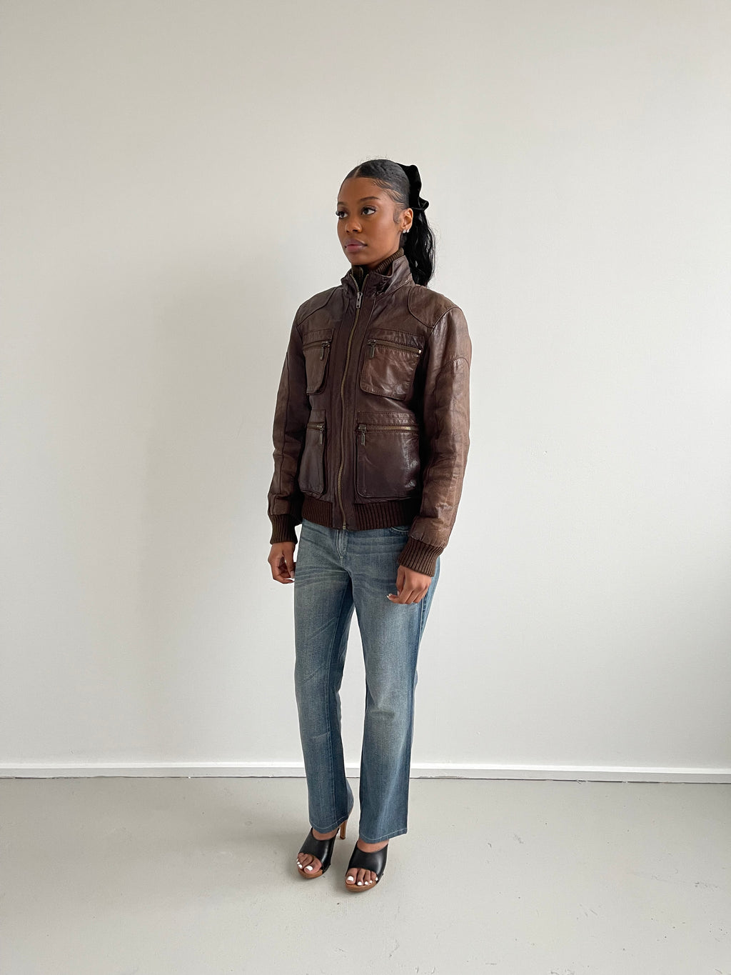 Vintage brown leather bomber jacket