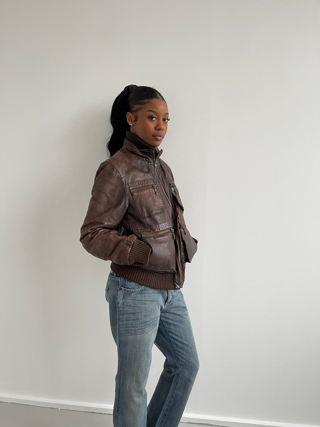 Vintage brown leather bomber jacket