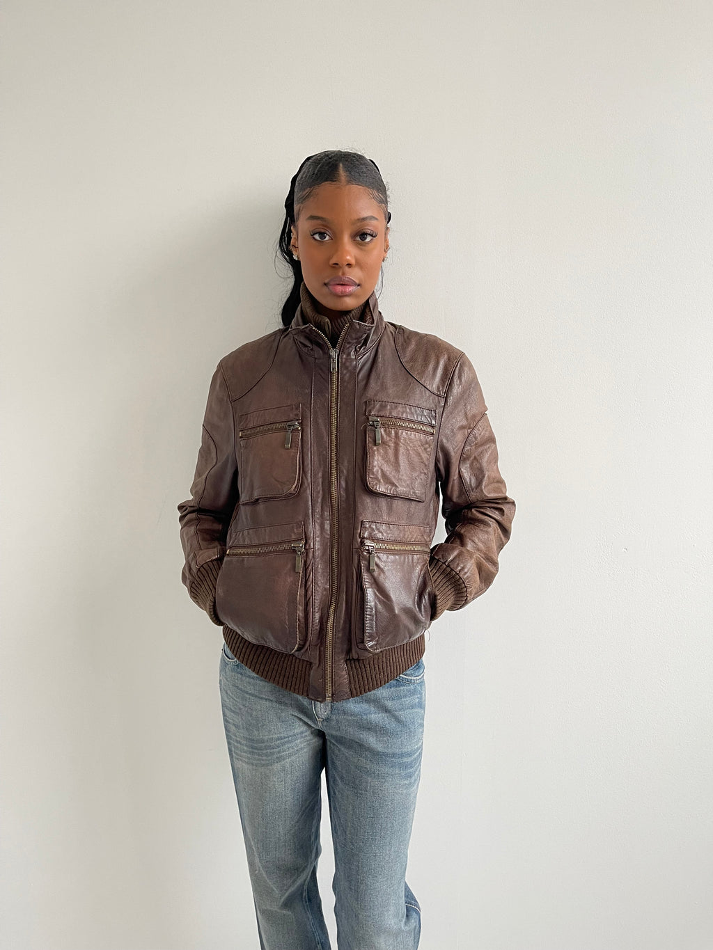 Vintage brown leather bomber jacket