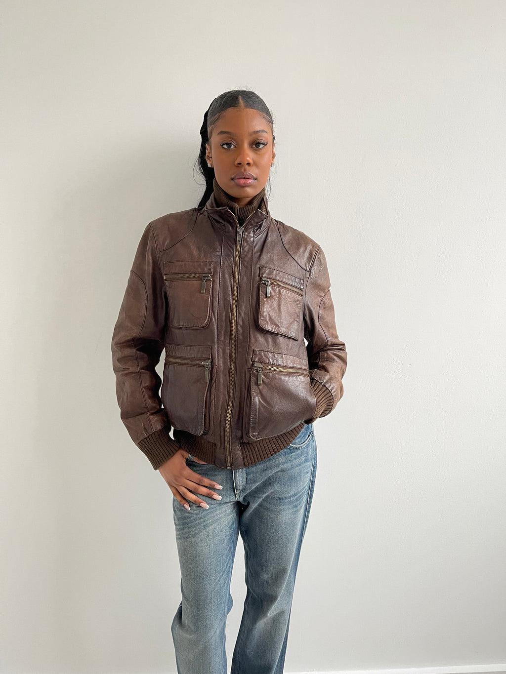 Vintage brown leather bomber jacket