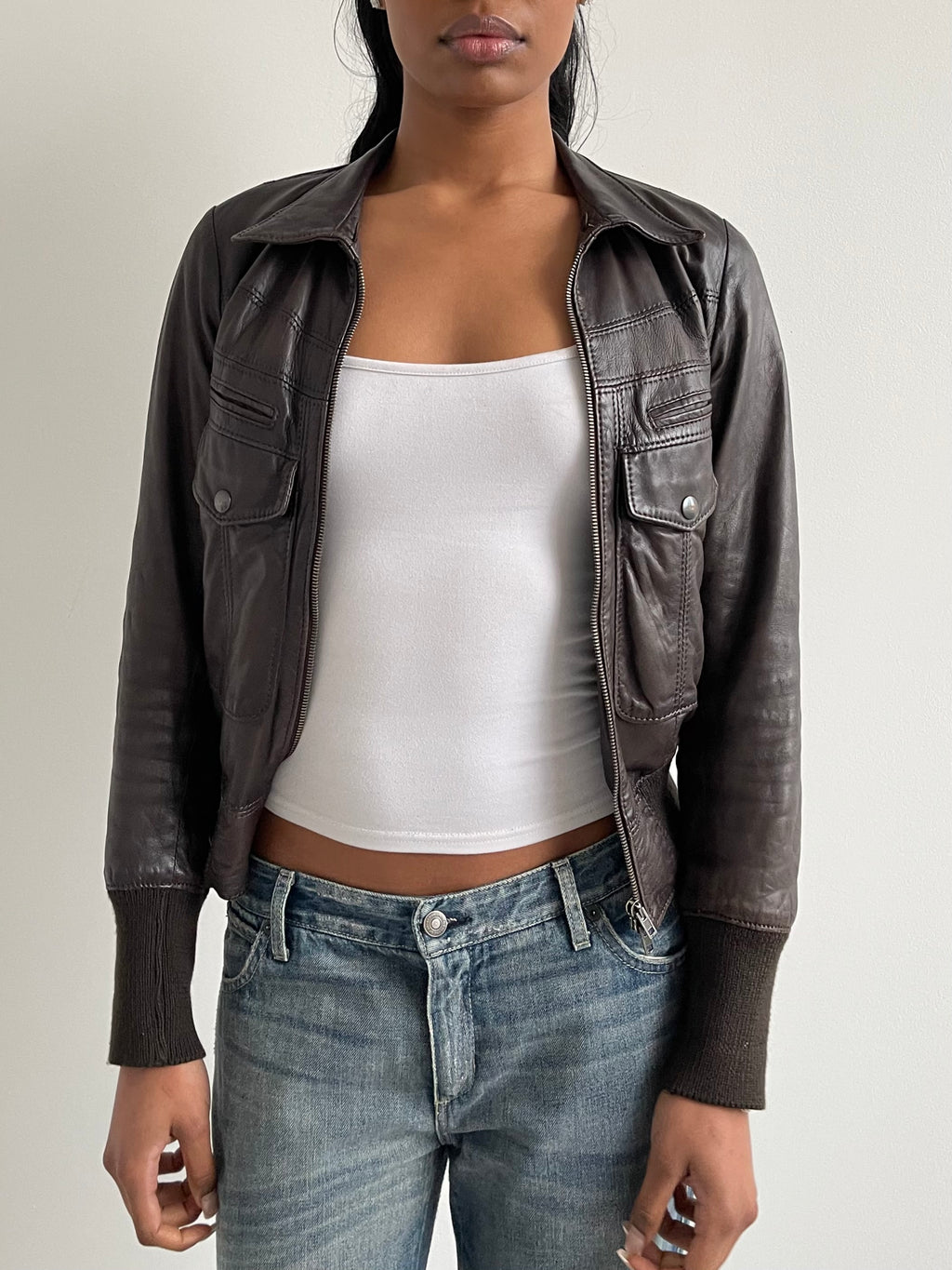 Vintage brown leather bomber jacket