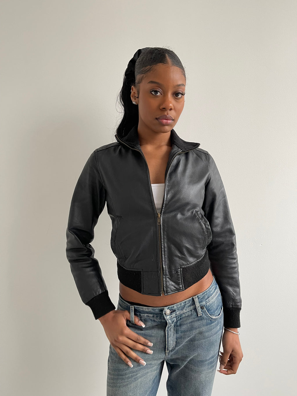 Spool vintage black leather bomber jacket