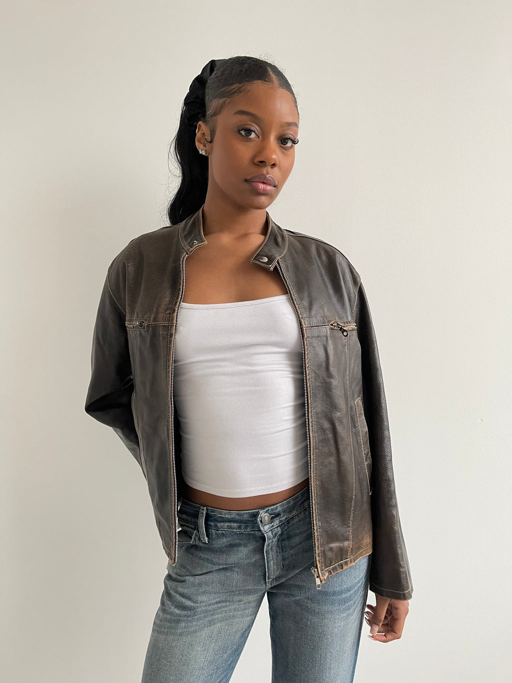 Vintage brown distressed leather jacket