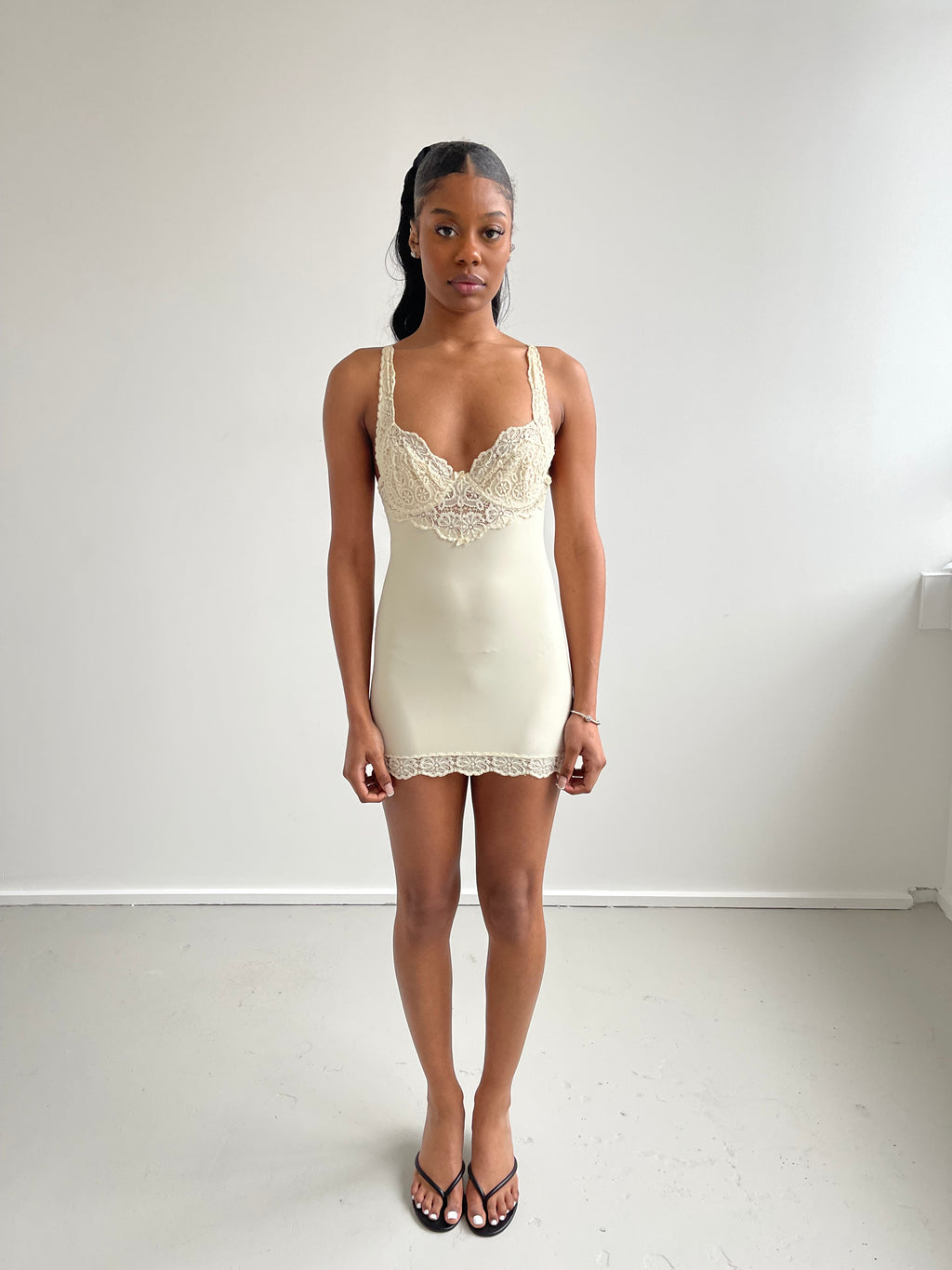 Cream body con slip dress with lace detail
