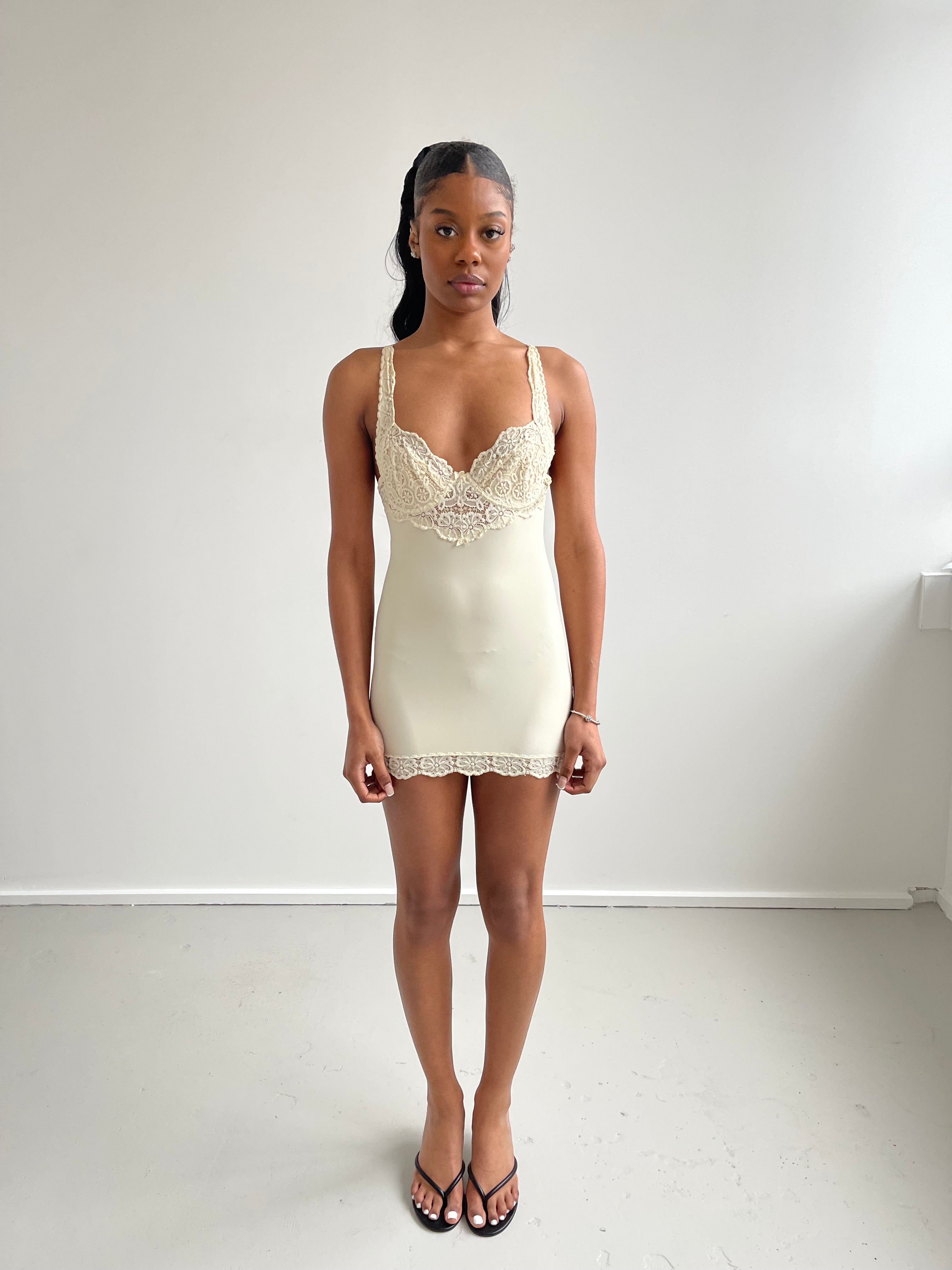 Cream body con slip dress with lace detail