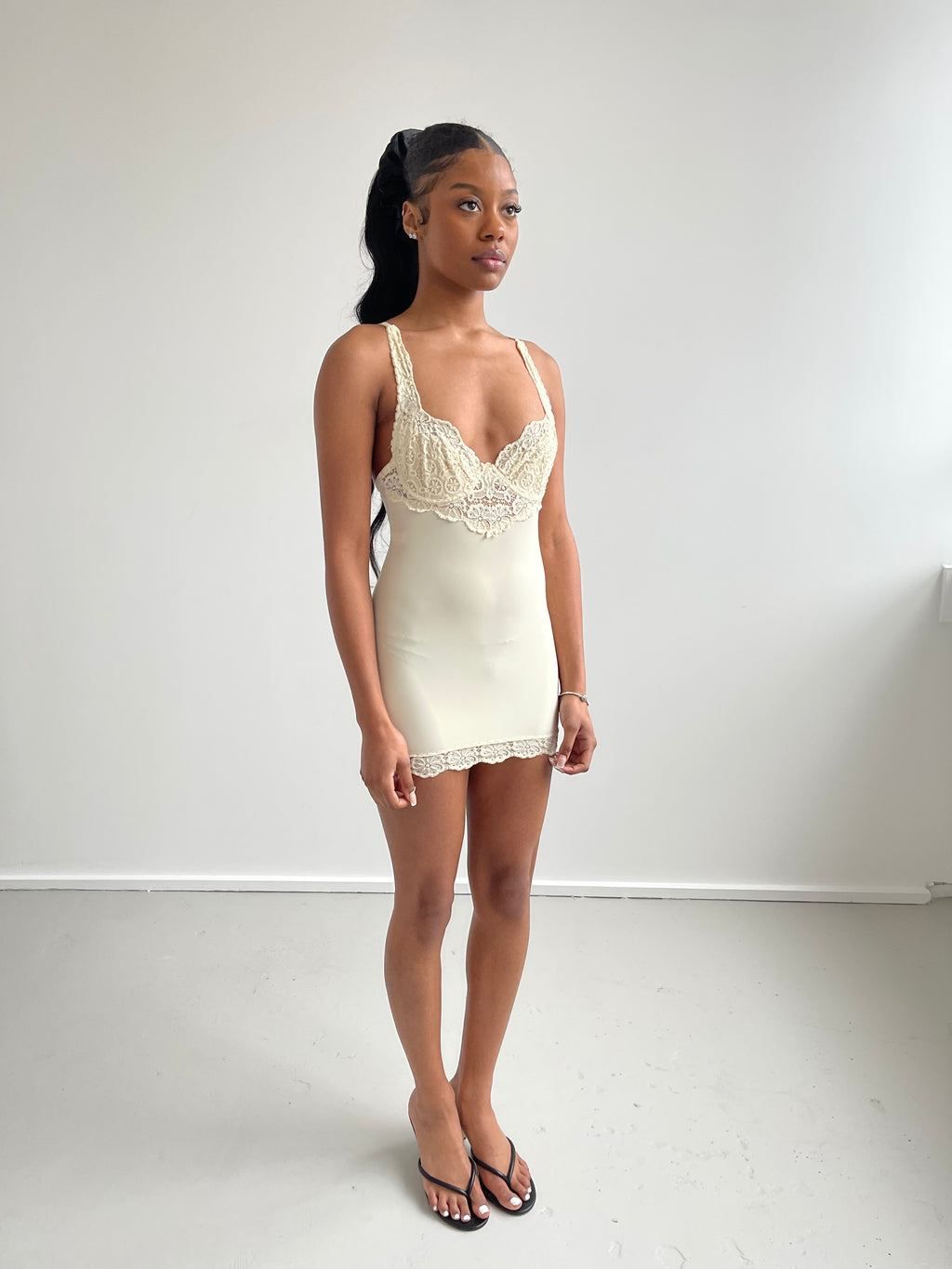 Cream body con slip dress with lace detail