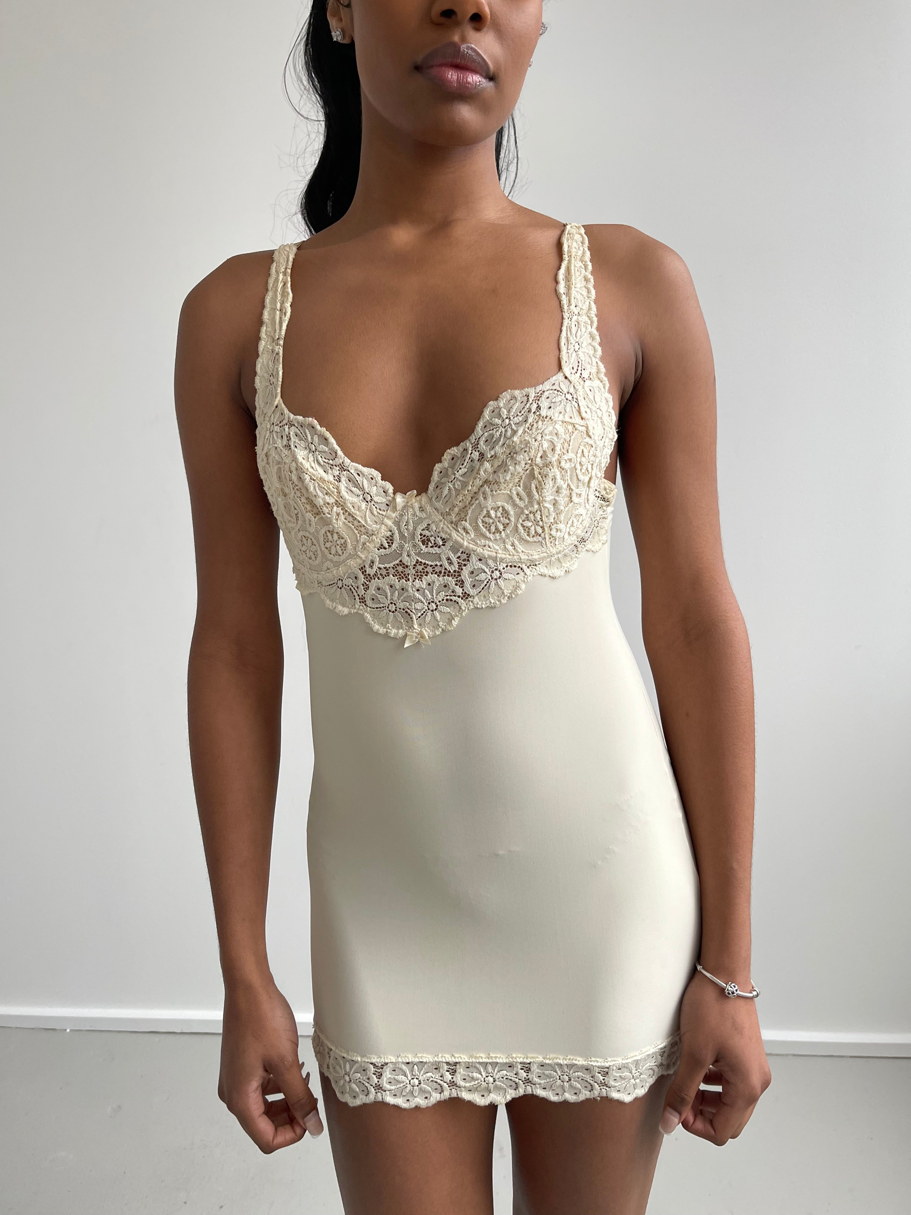 Cream body con slip dress with lace detail