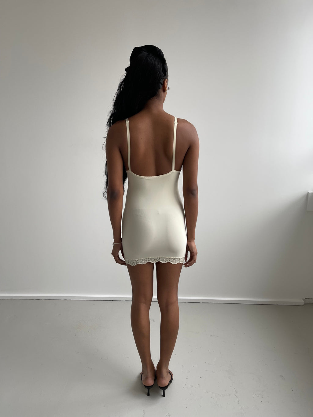Cream body con slip dress with lace detail