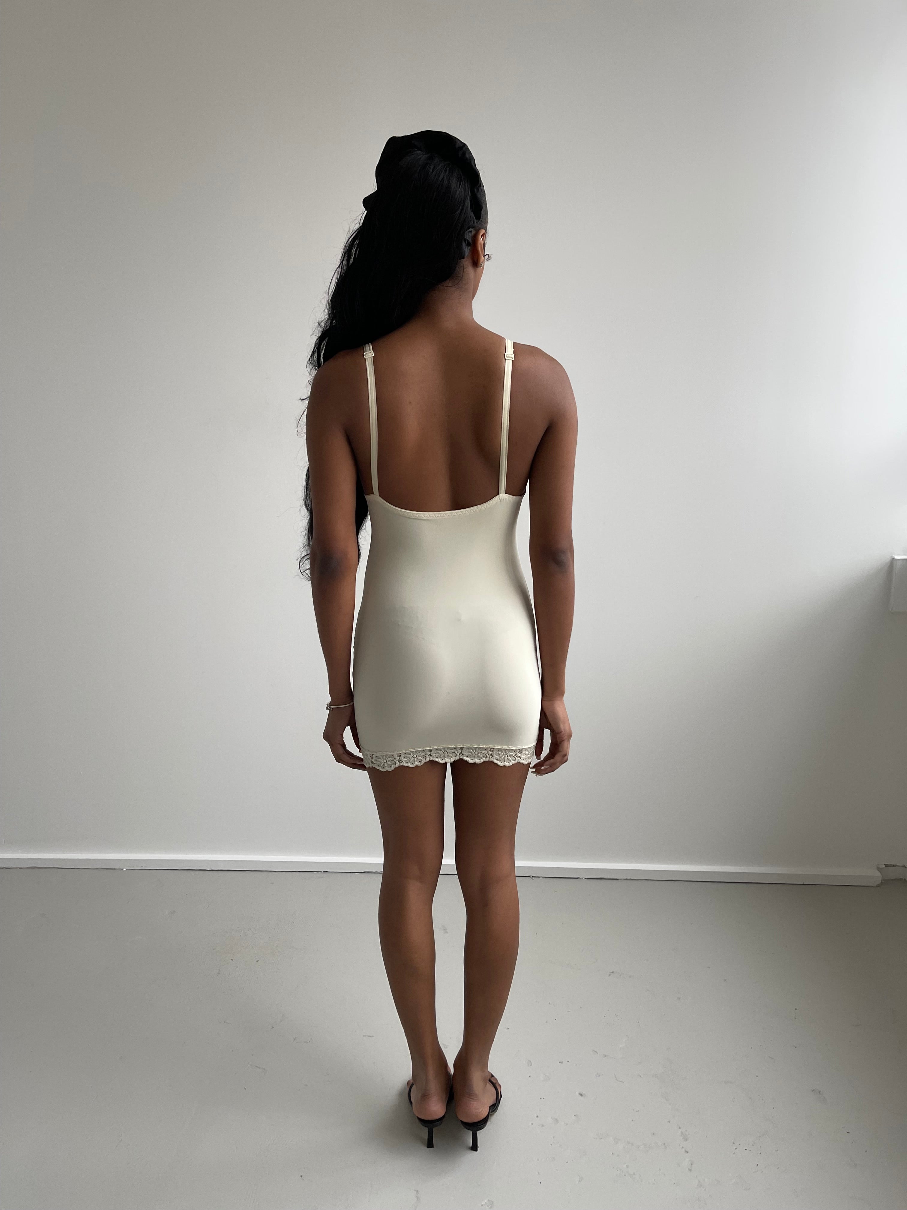Cream body con slip dress with lace detail