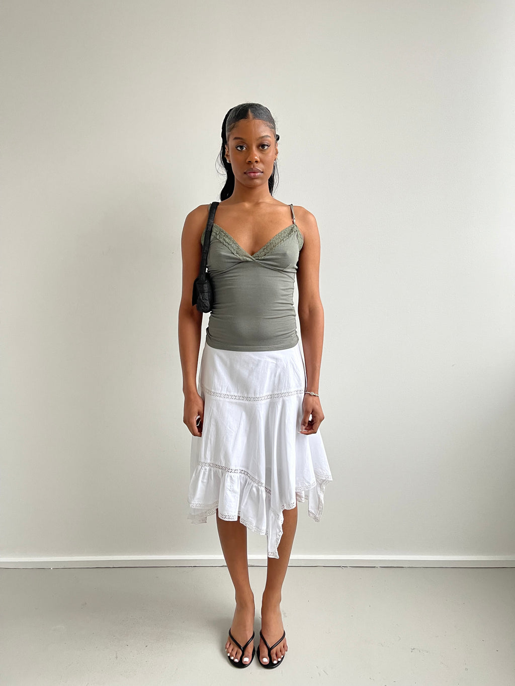 Khaki cami top with lace trims