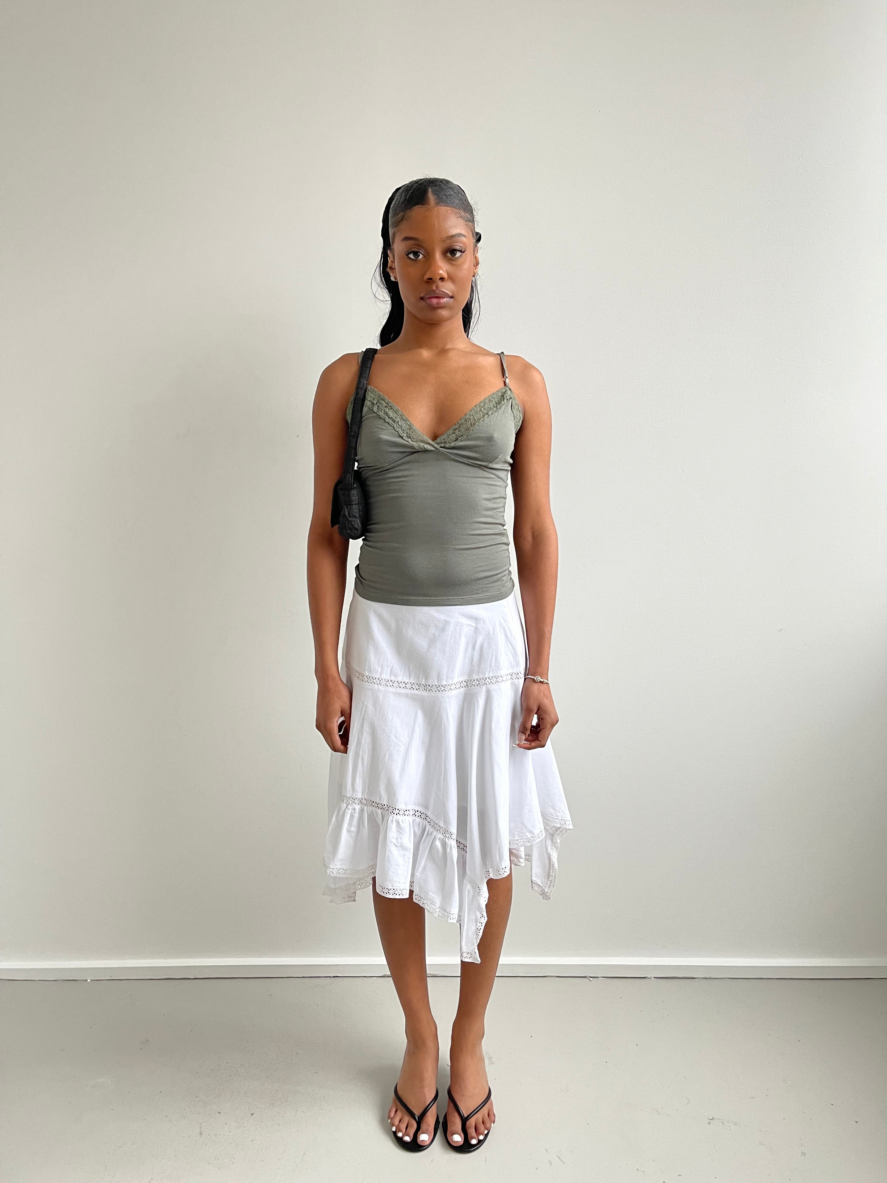 Khaki cami top with lace trims