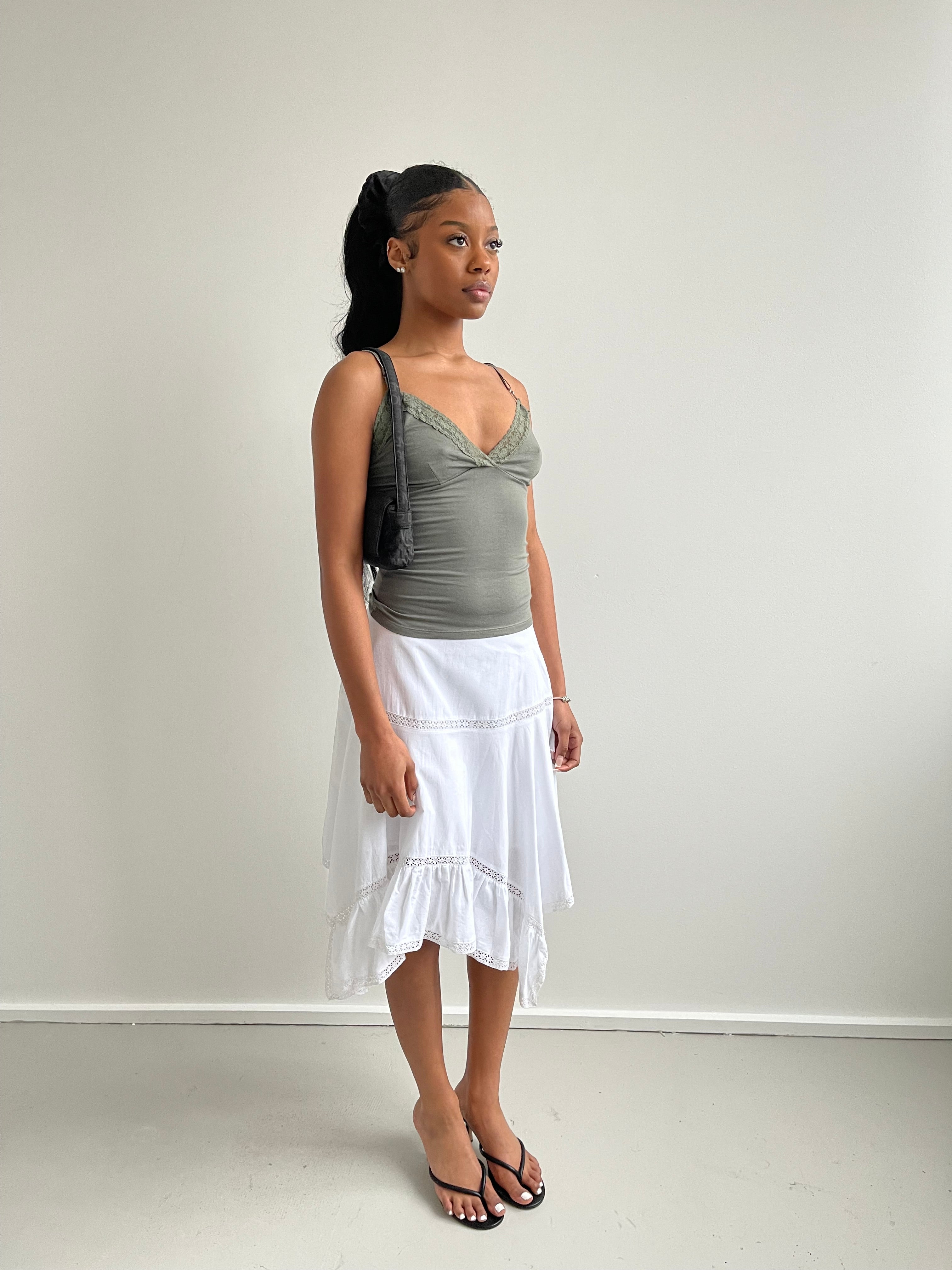 Khaki cami top with lace trims