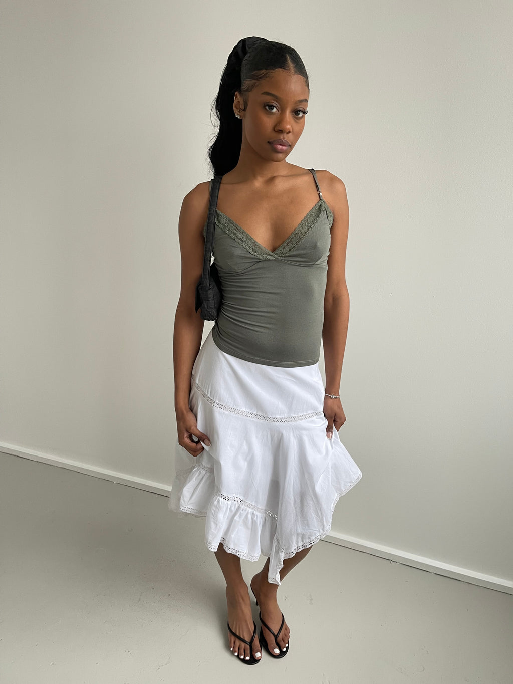 Khaki cami top with lace trims