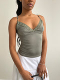 Khaki cami top with lace trims