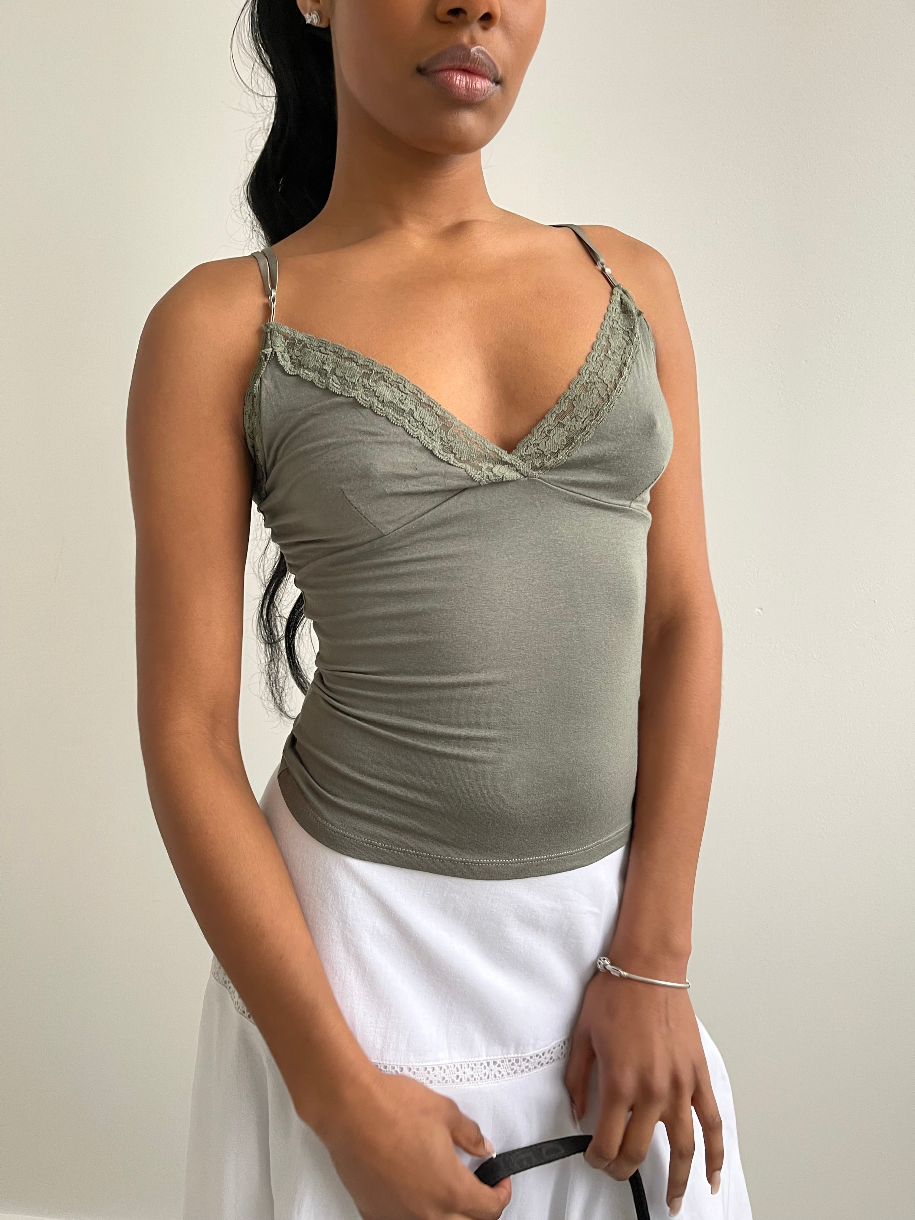 Khaki cami top with lace trims