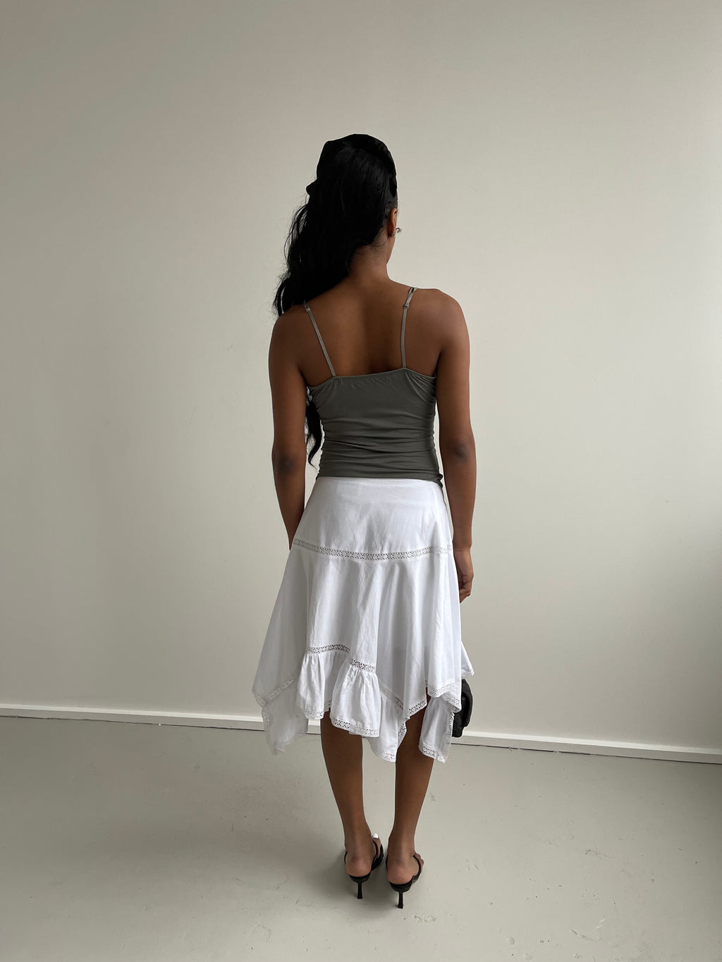 Khaki cami top with lace trims