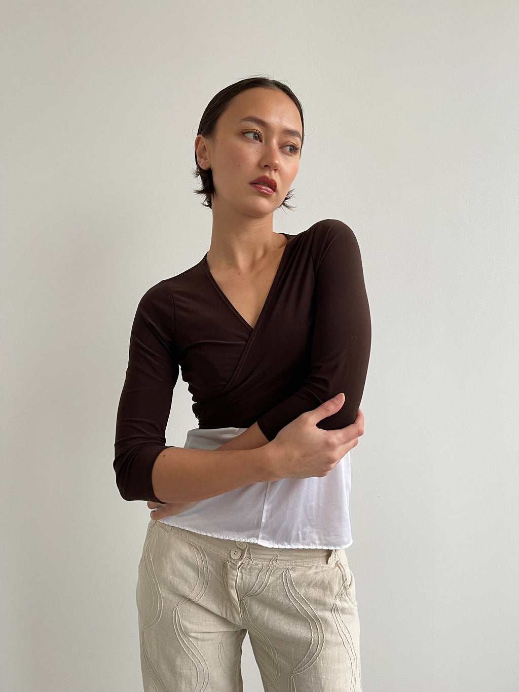 Chocolate brown wrap around top