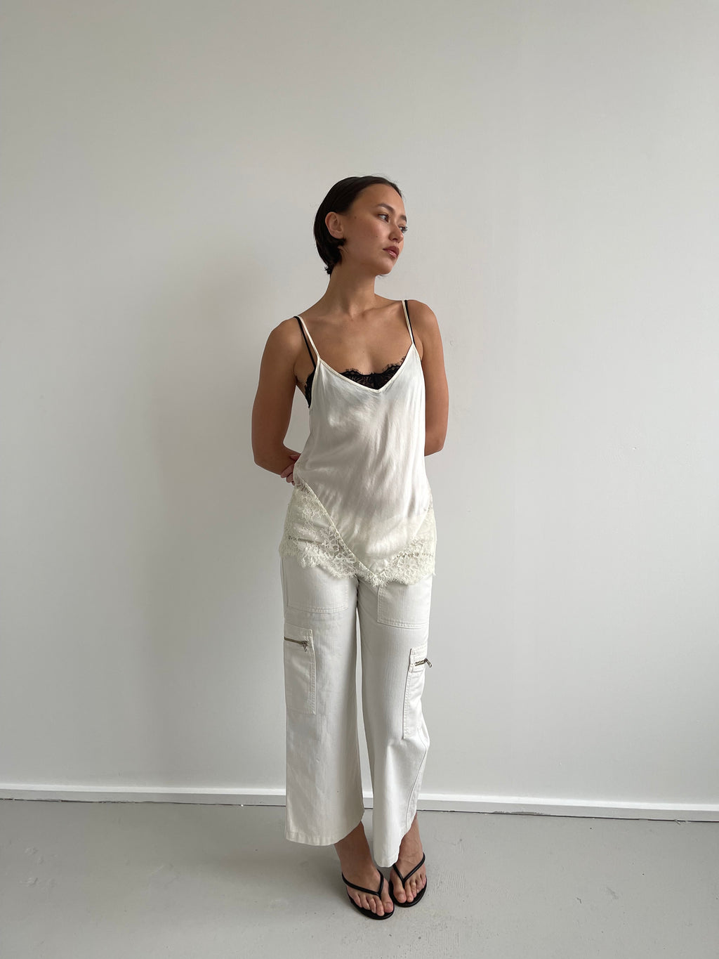 Vintage cream satin cami with lace inserts